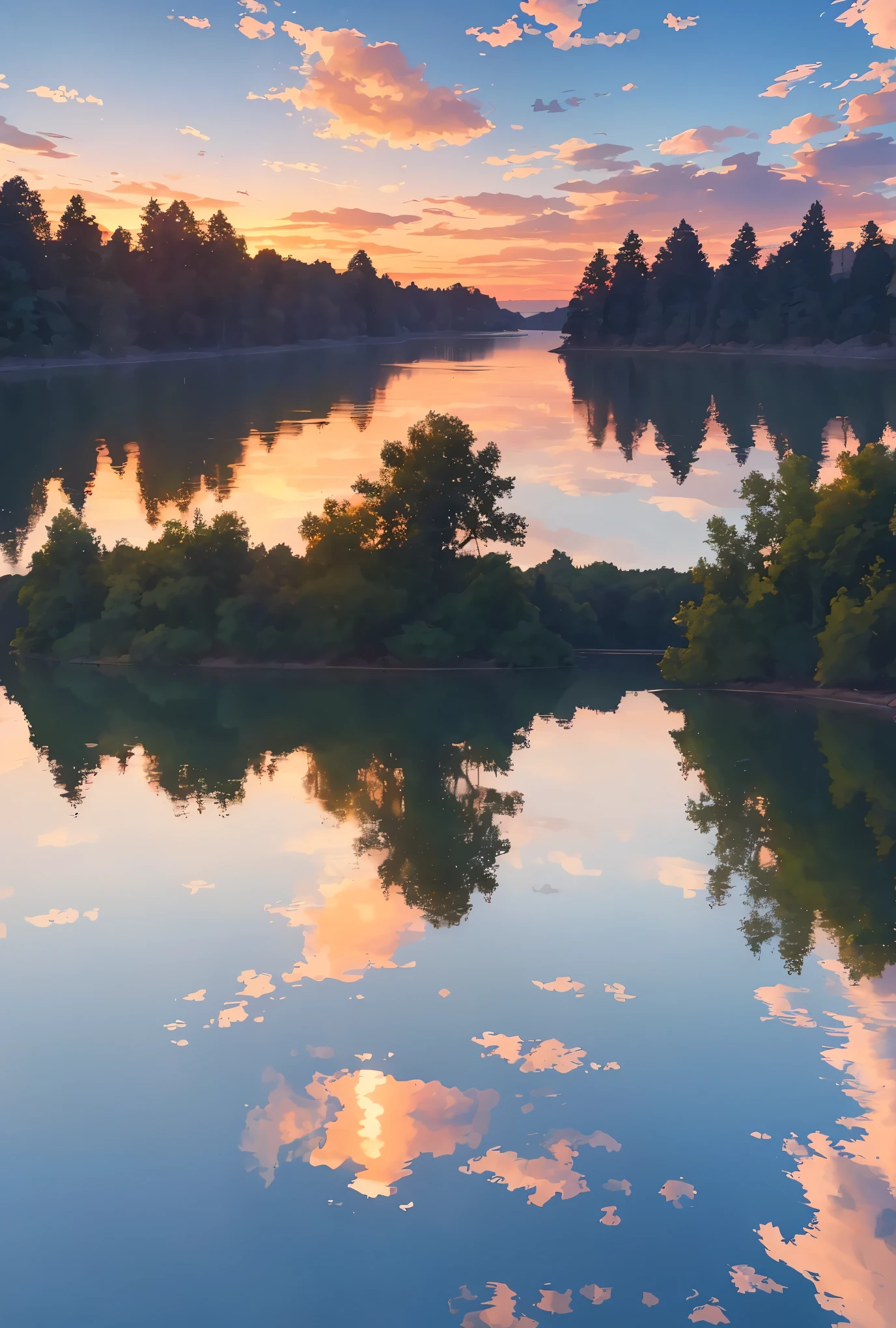 A reflection of a serene sunset on a calm lake,ripples in the water,beautiful clouds in the sky,buildings and trees mirroring in the water,dappled sunlight filtering through the trees,peaceful and tranquil atmosphere,(best quality,4k,8k,highres,masterpiece:1.2),ultra-detailed,(realistic,photorealistic,photo-realistic:1.37),vivid colors,soft color tones,stunning light effects