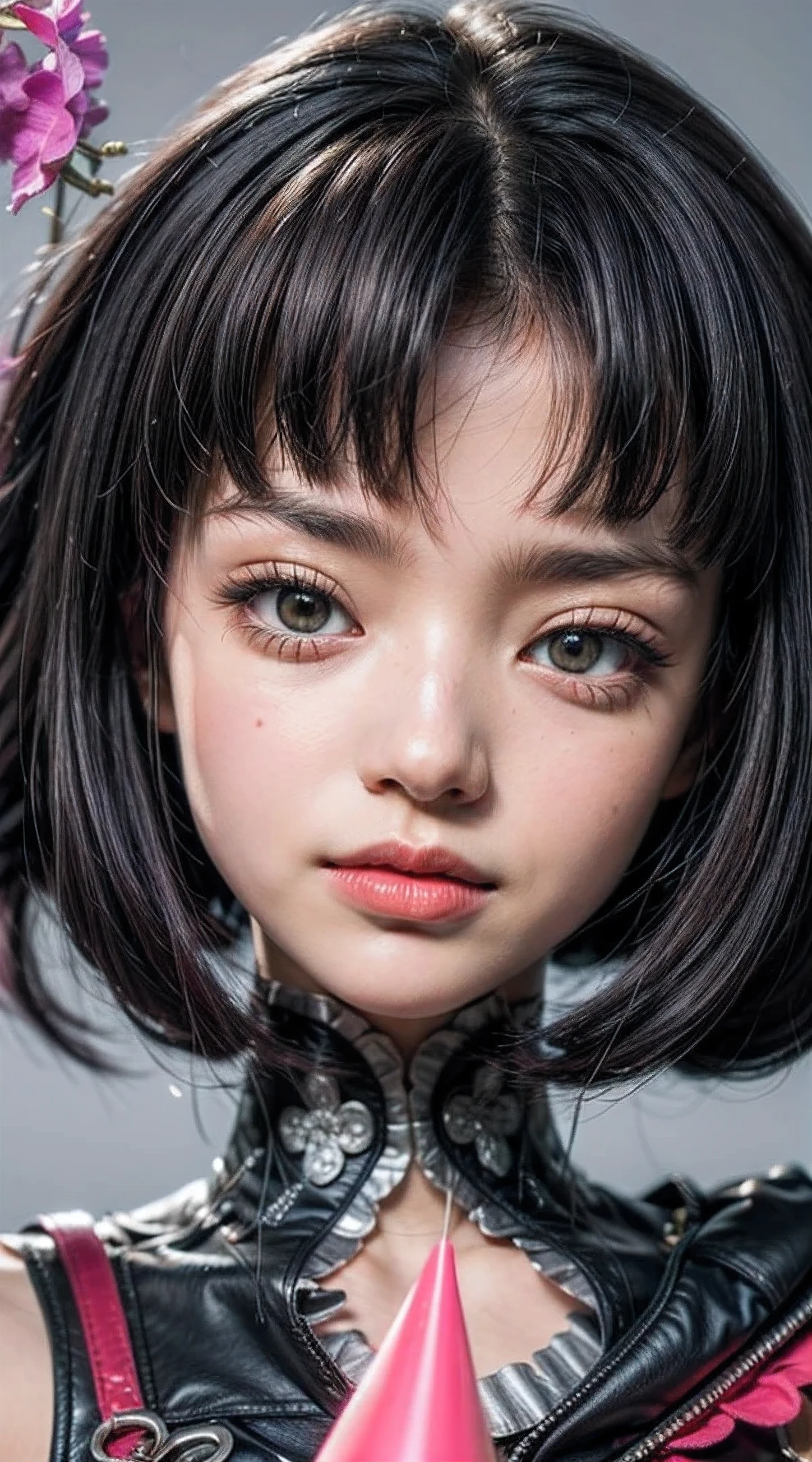 ((RAW, analog, Nikon Z 14mm ultra wide-angle, award-winning charming shot, ((Best Quality)), ((masterpiece)), ((realistic)), skin pores, subsurface scattering, radiant light rays, high resolution, detailed facial features, high detail, sharp focus, soft, aesthetic, very detailed, (very detailed eyes, very detailed iris)), 1girl, green eyes, purple hair,