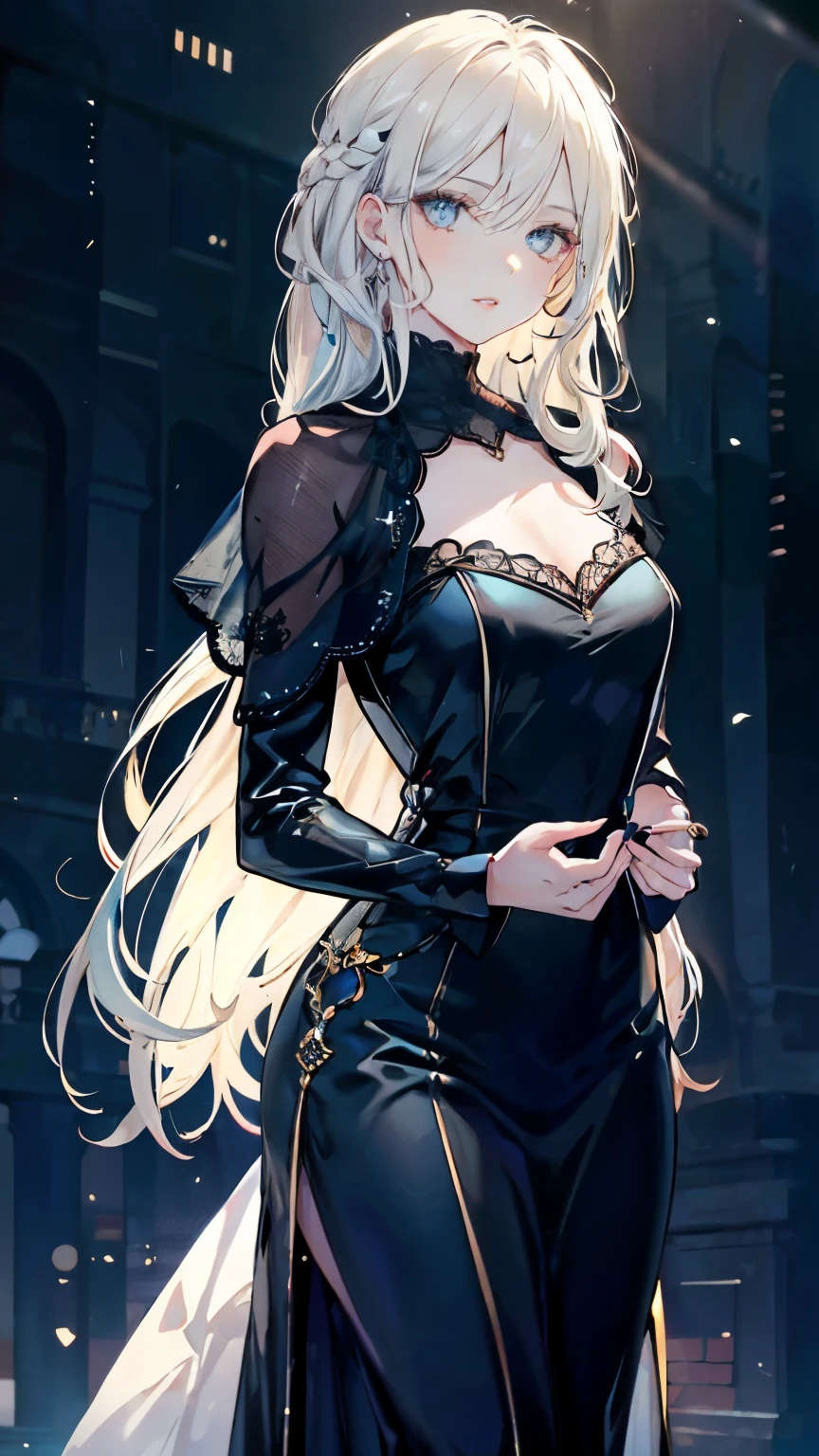 Polite facial depictions,1 Lady,mature woman,black dress long dress,(light blue long hair),(dark night background),prom,regalia, That's a perfect face, perfect hands, perfect fingers, perfect lips, perfect eyes, perfect background