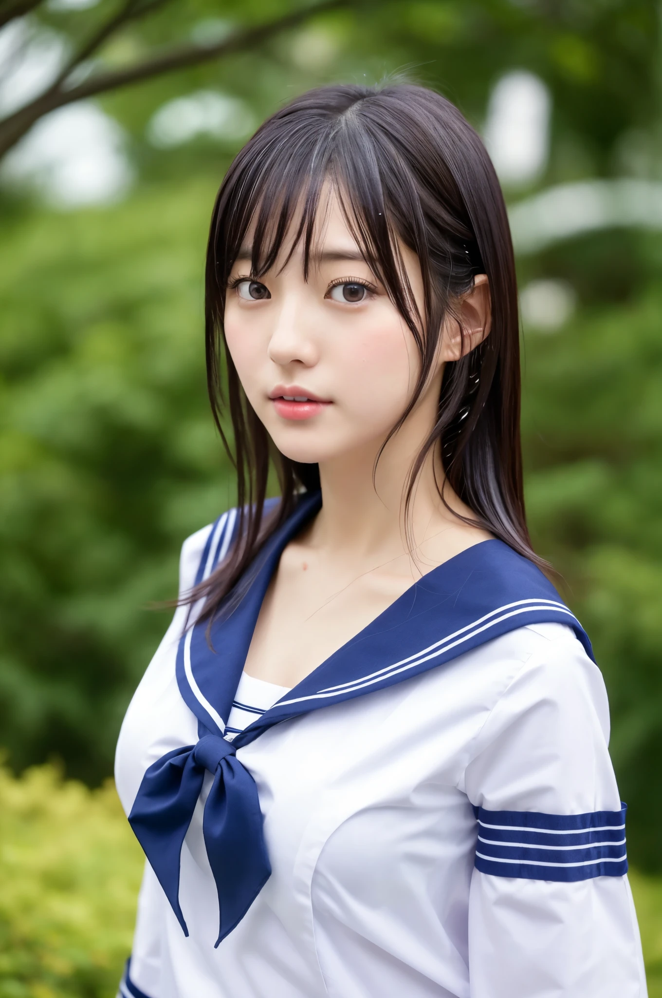 Close up portrait of a woman wearing sailor uniform and walking in the park、japanese portrait model、Young and sensuous gravure idol、Young and cute gravure idols、현실감 넘치는 young gravure idol、Realistic gravure idol、young gravure idol、Stylish gravure idol、nara michi、Young and skinny gravure idol、Beautiful Asian Girl Ever、oppai、I got drenched in the rain