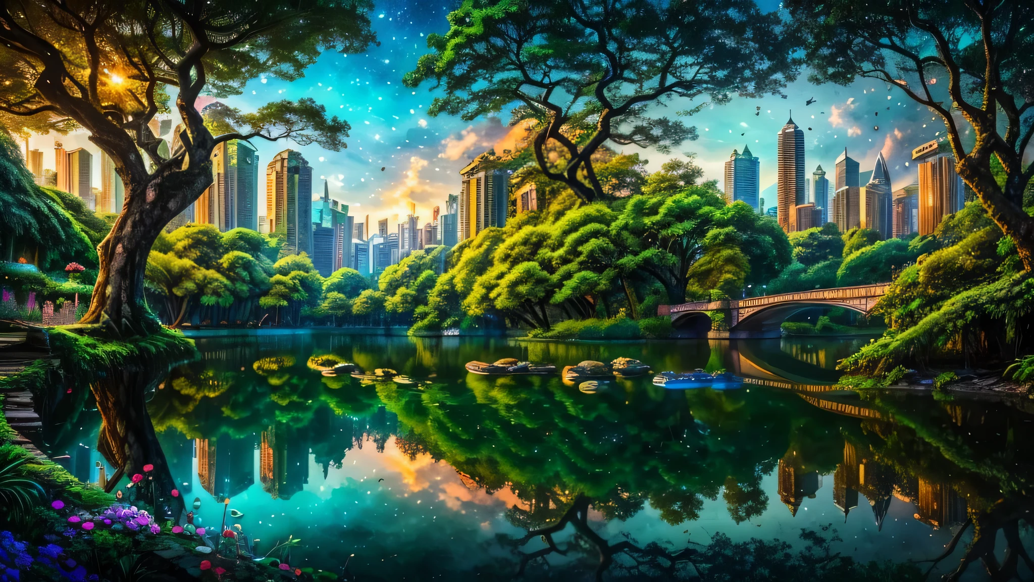 8K, Beautiful botanical collage with peacock pictures, only human lips, made of ruins, Skyscraper, Taipei City, picture of a tree with a bridge, fantasy valley with trees, highly detailed fantasy, fantasy tree, colorful detailed dreamscape, cosmic tree of life, the boy is looking at the photo
