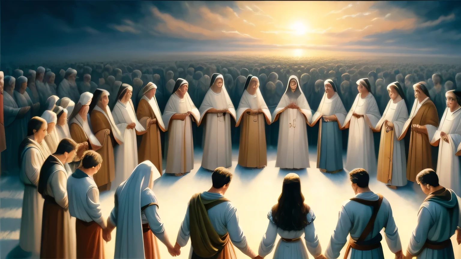 a painting of a group of people forming a circle, beautiful representation, Direction: Krzysztof Boguszewski, Tenente Alexander Kucharsky, pintura de figuras humanas brancas, kramskoy 4k, crowds of people praying, pagans, ONU e Michael Whelan, Vista completa, muitas pessoas adorando, rob mcnaughton, blessing hands