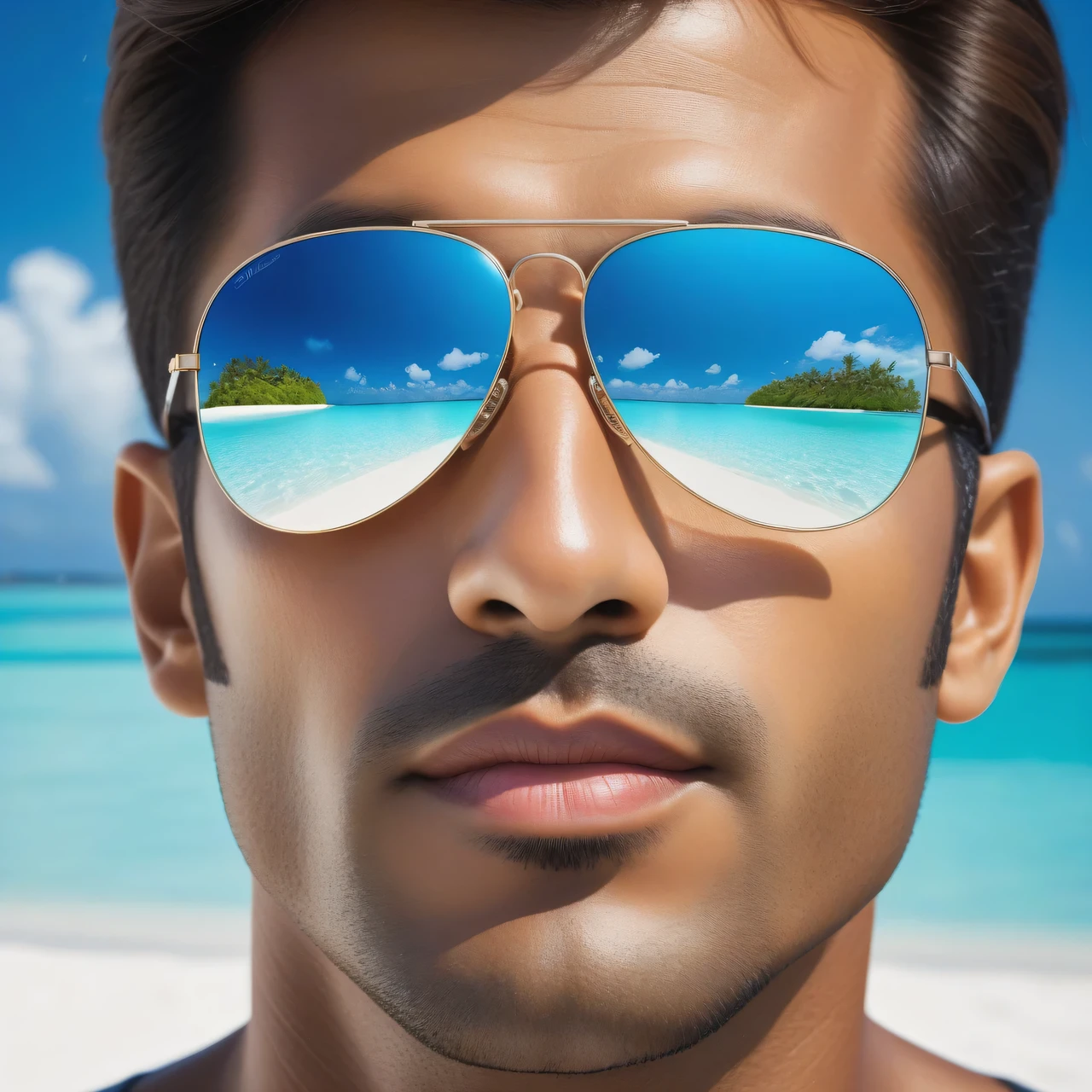 (Best quality, High resolution 32K, masterpiece, masterpiece, Ultra detailed, Ultra detailed, photoefficient, Real, Real) Portrait of a man in mirrored glasses on a sunny beach in the Maldives, Spectacle reflexes, environment in reflection, Beach & Sand, Azure water, light blue sky and white clouds, bright rich colors of a clear summer day