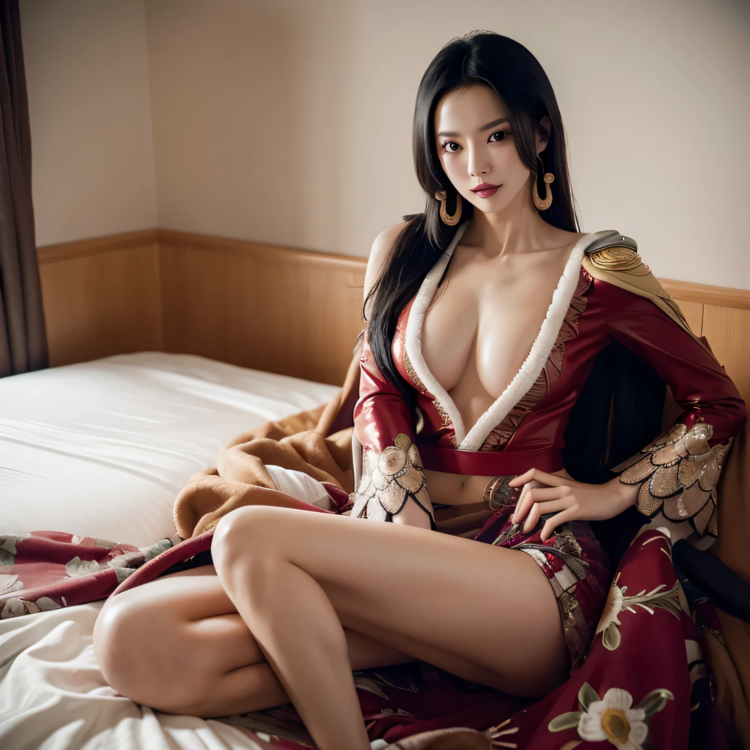 A korean-american beautiful girl, 1girl, cosplay boa hancock from one piece,(masterpiece:1.2), (best quality:1.2), (extremely detailed), cleavage, sensual pose, aesthetic, (extremely detailed face), ultra-detailed eyes and pupils, broad shoulder, (ultra detailed), 8k, photorealistic, pretty face, smile, instagram shot, instagram style, sit on the bedroom, aesthetic bedroom, looking at viewer, facing front, perfect skin, cinematic lighting, nipples, fair skin, black hair, black eyes, portrait photo, (medium breast:1.3), plumpy body, slender, beautiful makeup, nikon RAW photo, 8k ,Fujifilm XT3, photorealistic, detailed face, fair skin, perfect shape, slim face, indoors, dim lighting, (looking at viewer:1.2), wear boa hancock dress, long dress, glamour dress