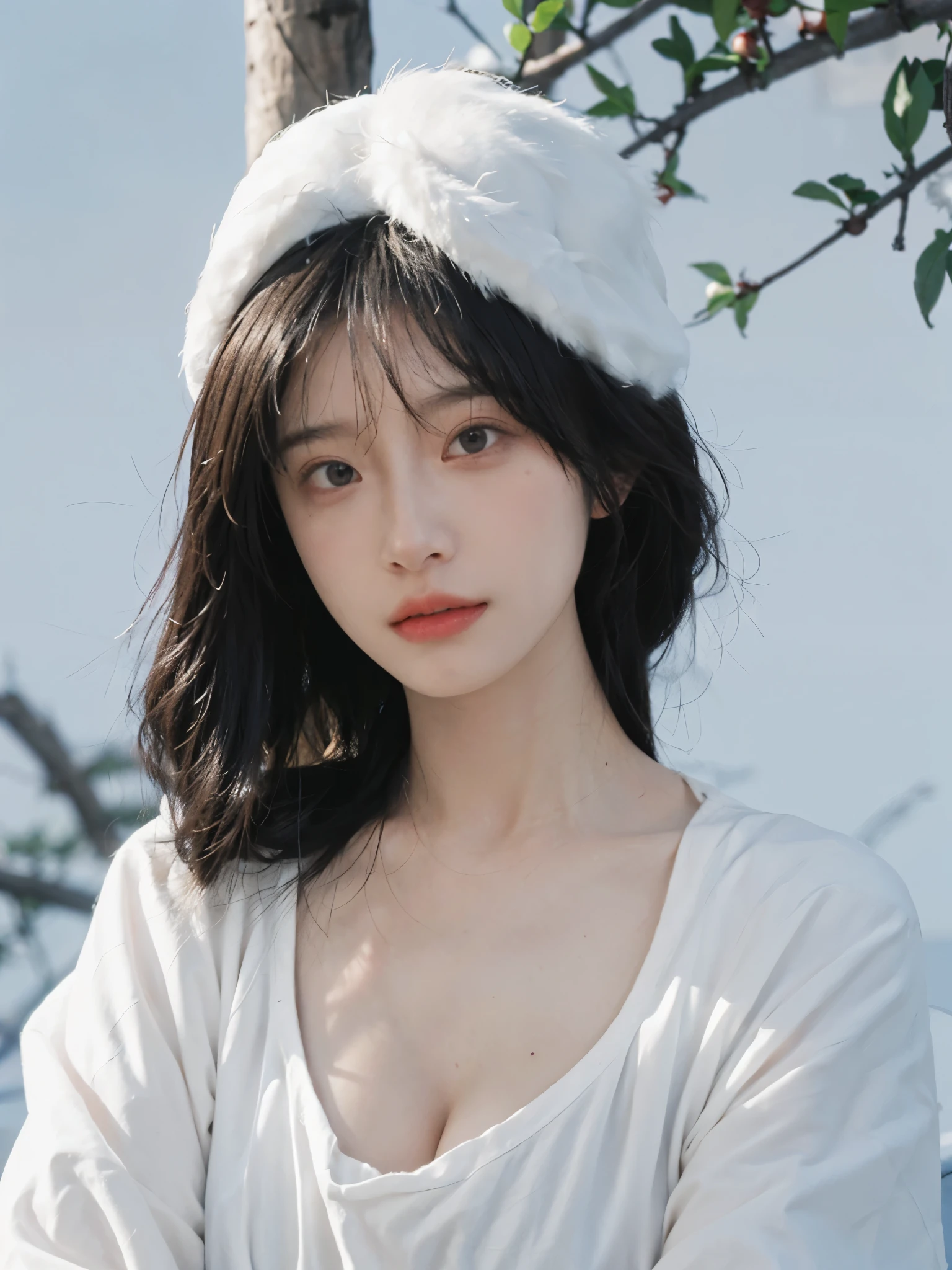 best quality， ultra high resolution， White background，（realistically：1.4）， girl， A pair of eyes as clear as snow,Royal sister，black long straight， looking at the audience， Close-up cleavage ，