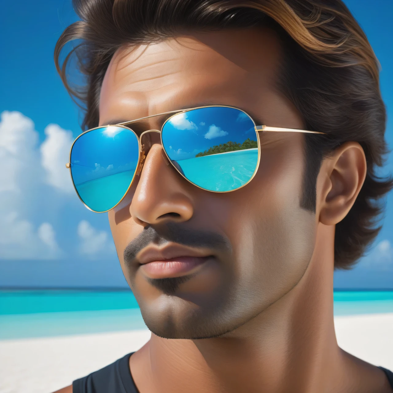 (Best quality, High resolution 32K, masterpiece, masterpiece, Ultra detailed, Ultra detailed, photoefficient, Real, Real) Portrait of a man in mirrored glasses on a sunny beach in the Maldives, Spectacle reflexes, environment in reflection, Beach & Sand, Azure water, light blue sky and white clouds, bright rich colors of a clear summer day