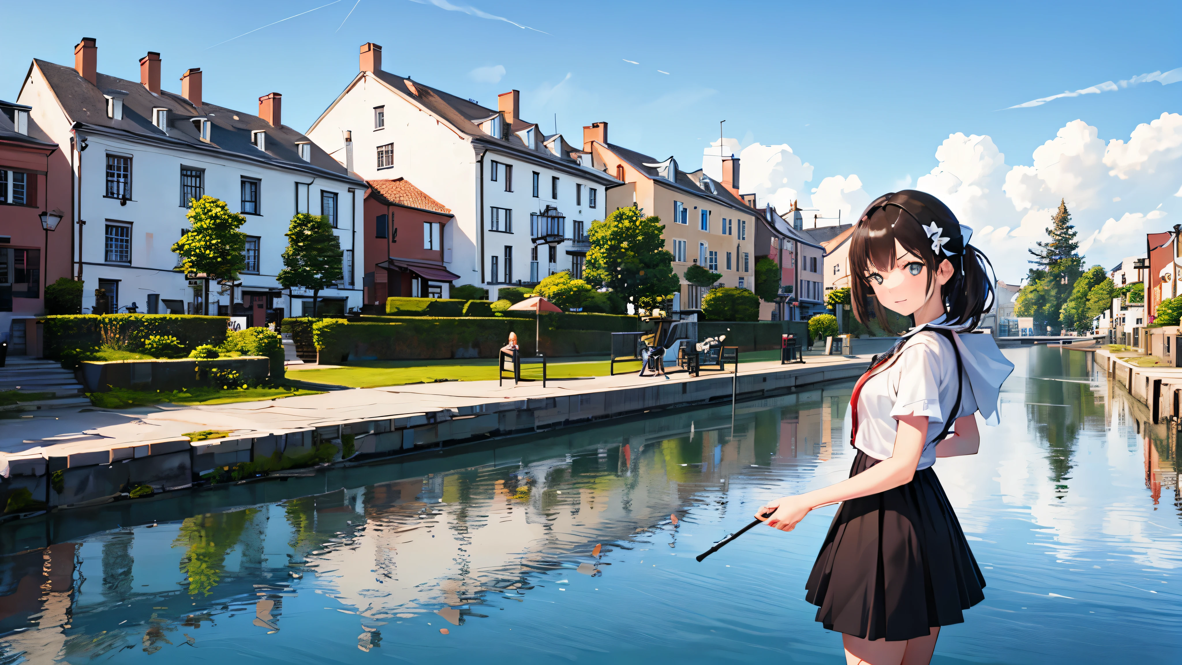 absurdres, highres, reflection, refraction:1.4, ultra detailed:1.0, BREAK
(1 cute girl:1.5, beautiful face) outdoor, old port town, scenery, on the bridge, portrait,