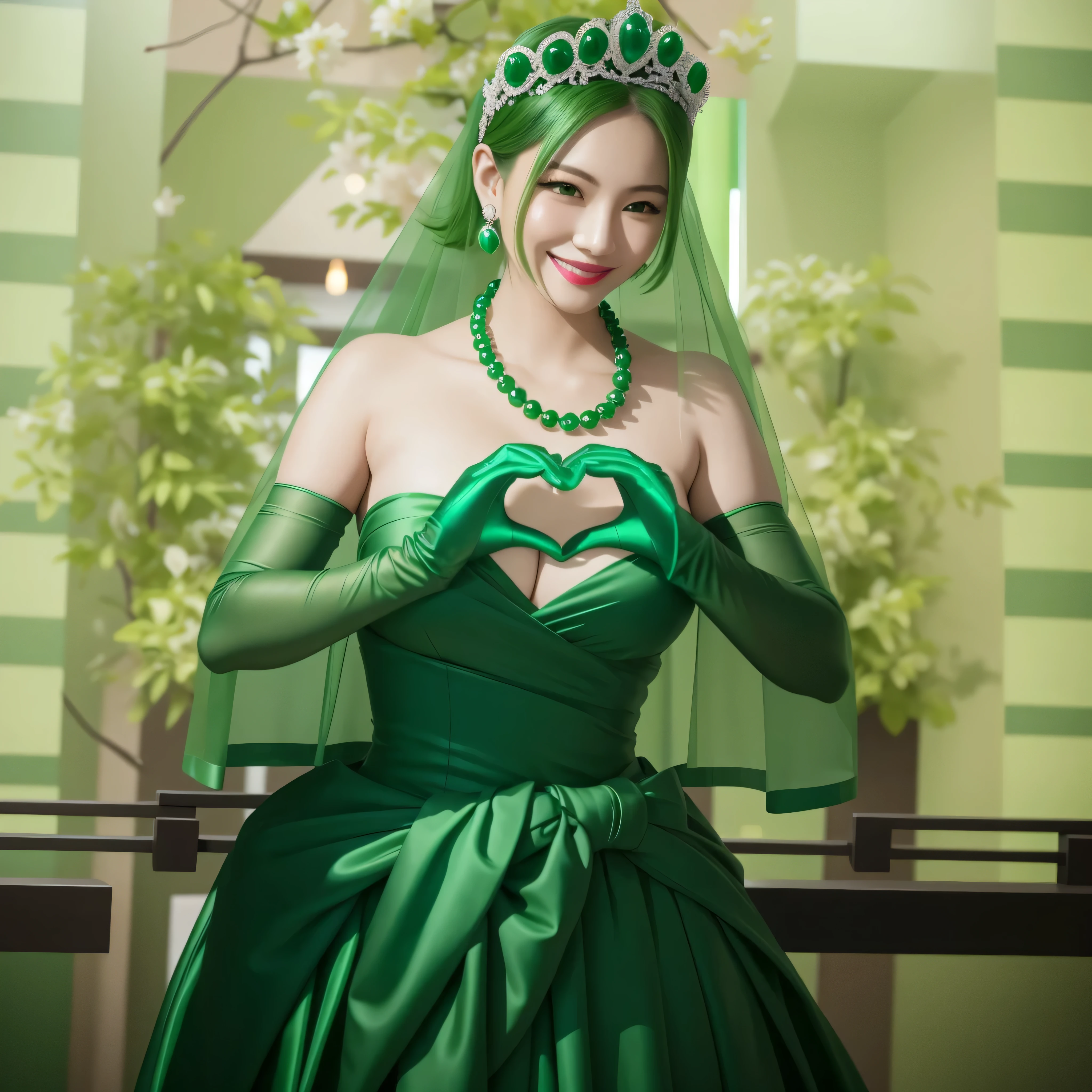 emerald tiara, green pearl necklace, ボーイッシュな非常に短いgreen hair, green lips, smiling Japanese woman, very short hair, Beautiful woman with big breasts, green eyes, green satin long gloves, green eyes, emerald earrings, green veil, Heart with both hands, green hair, beautiful japanese woman, heart shaped hands:1.3, green lip gloss