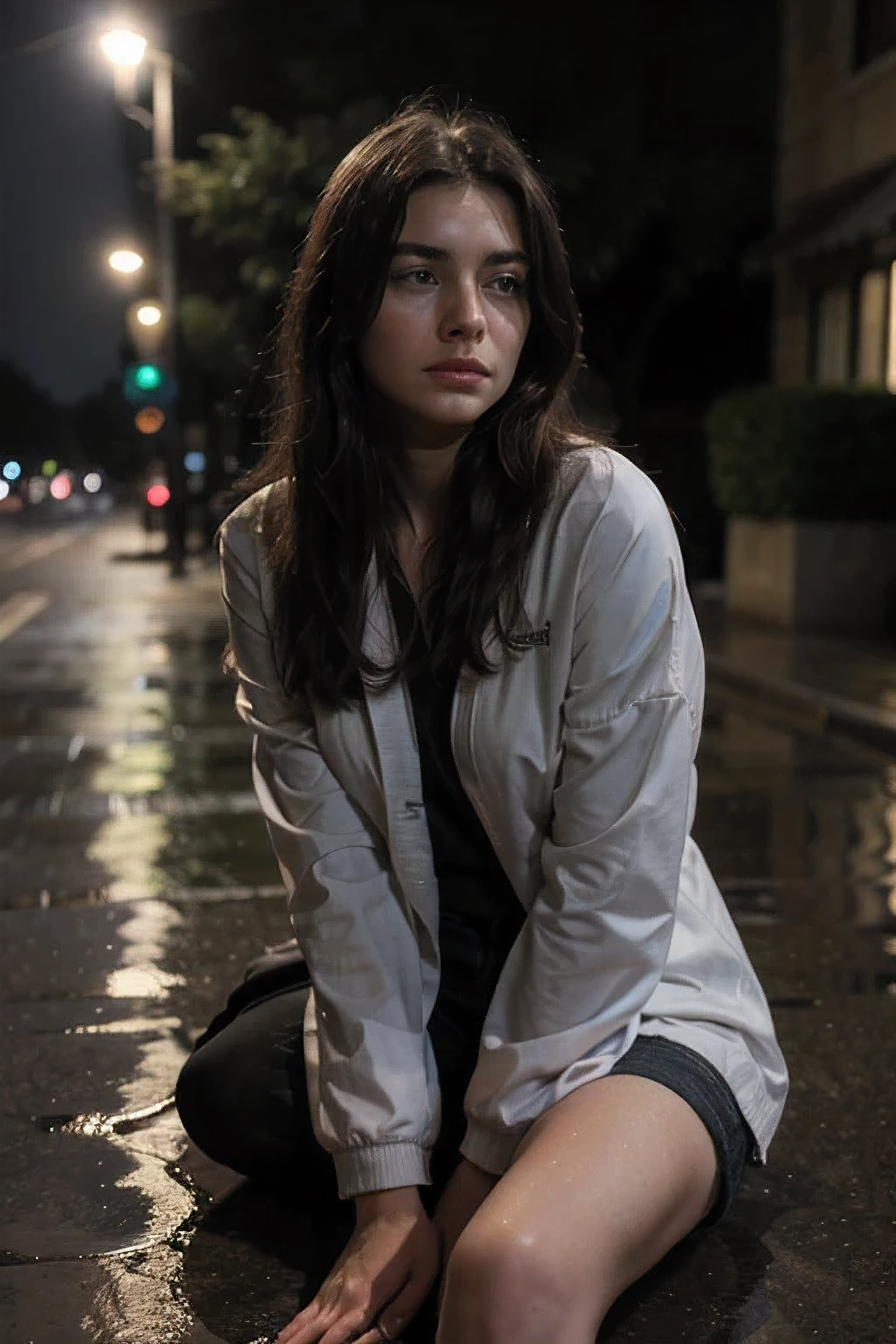una mujer sentada bajo la lluvia por la noche, usando ropa abrigada y luciendo decepcionado, ultra Realistic masterpiece, Real