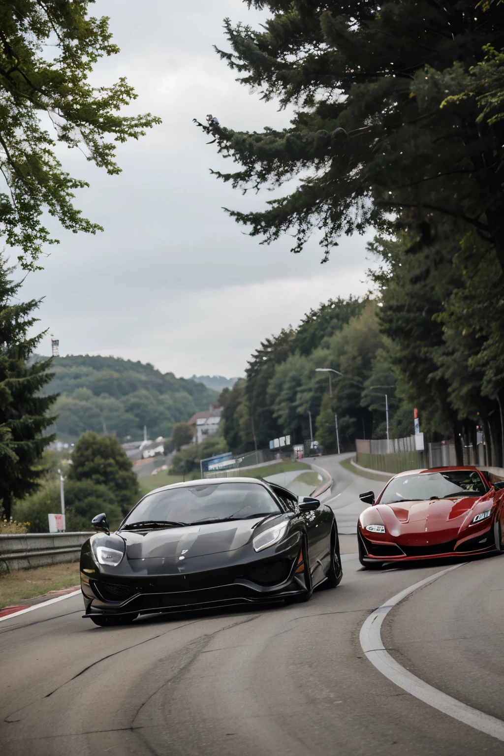 a mercedes ferrari XXk on a straight line of the nurburgring circuit overtakes a lamborgini aventador svj