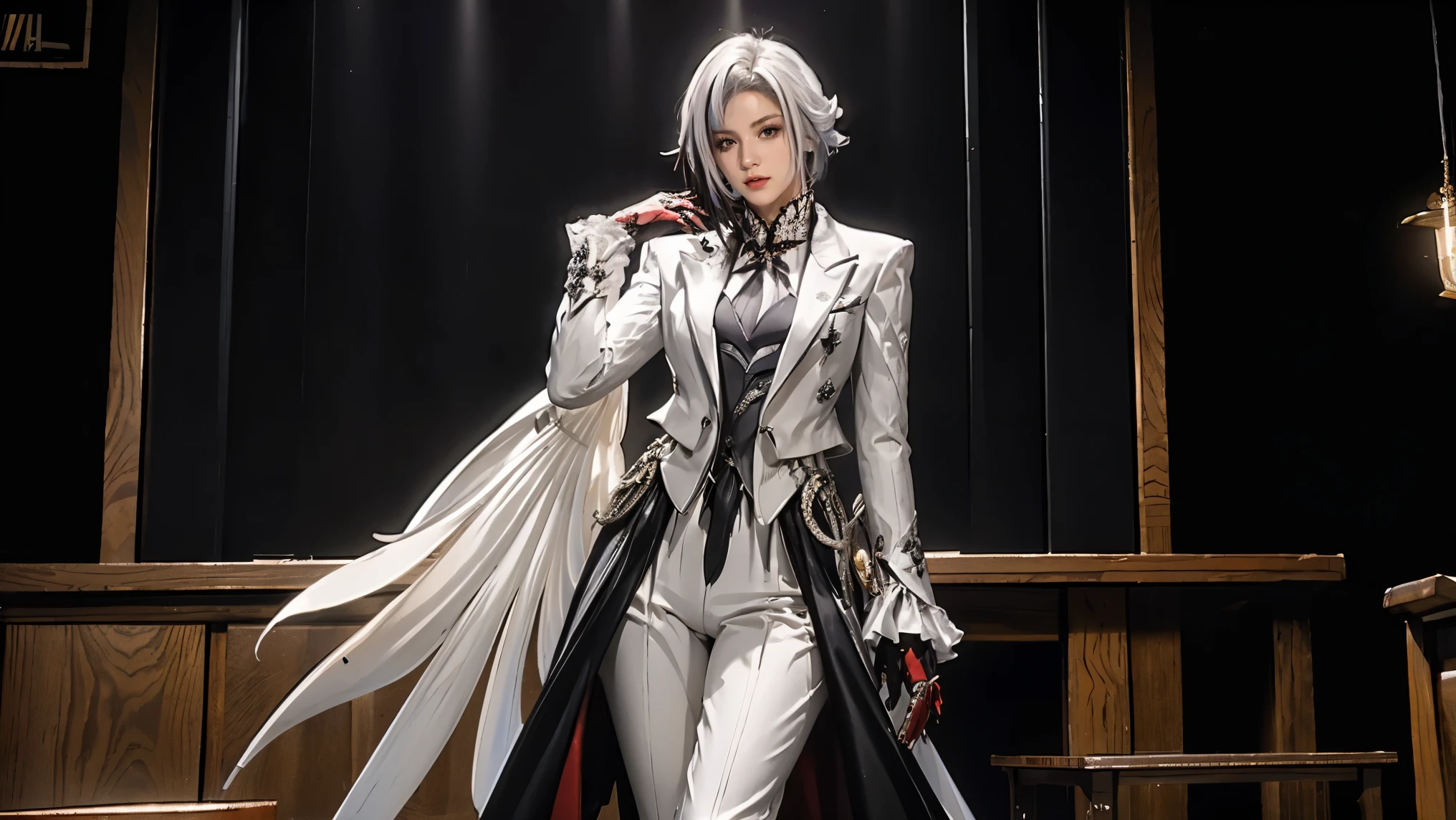 Photorealistic,High Resolution,soft light,1women,hips up, Tall woman, white colored hair, black hair, multi-colored hair, Black Eyes, Arles_suit, arlecchino \(Genshin Impact\), multi-colored hair