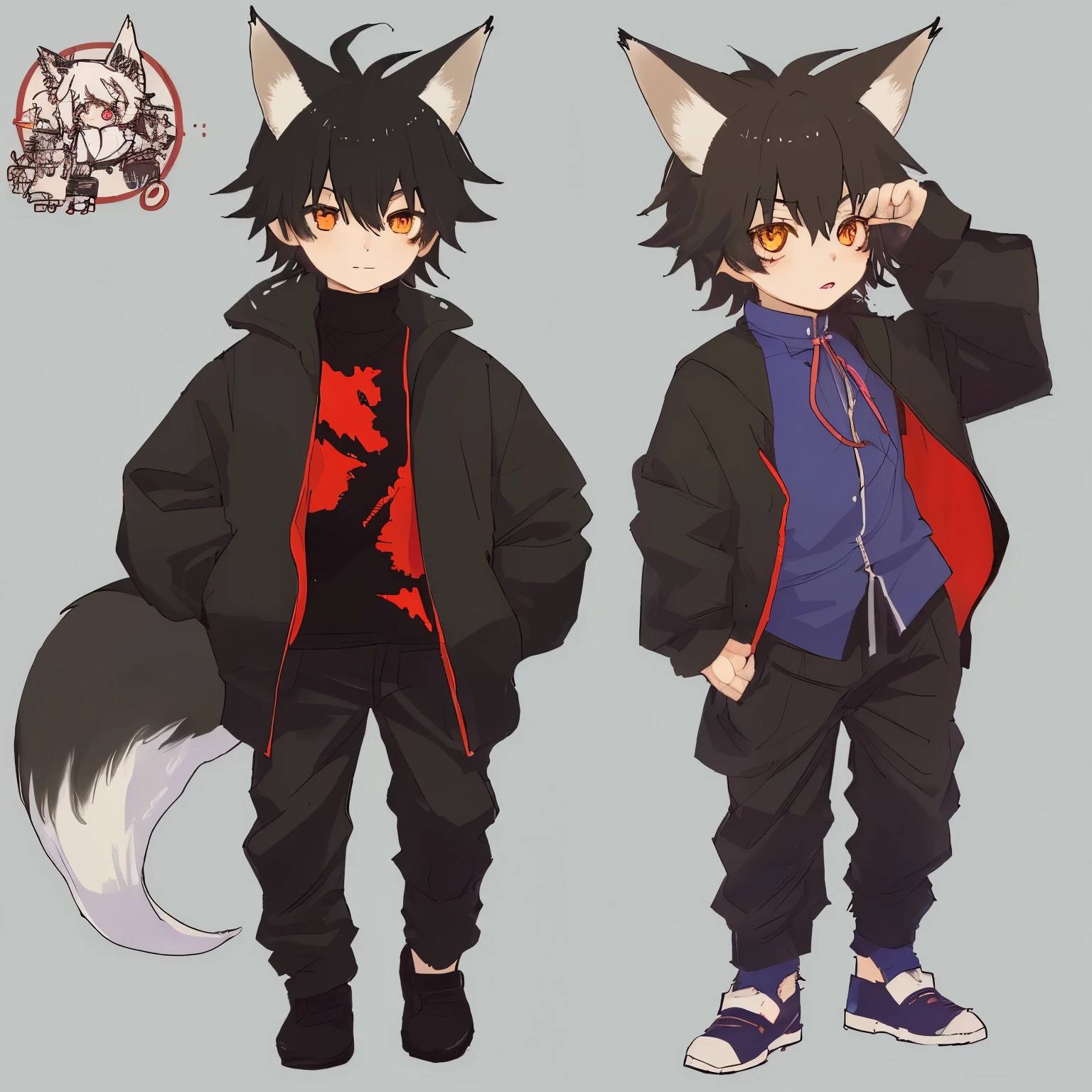 Shota, adorable, half-human, half-fox, dressed in y2k