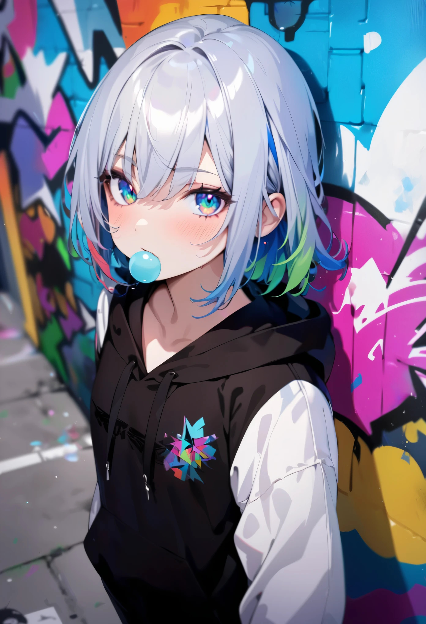 masterpiece, high quality, High resolution, disorganized, Super detailed, 8K, 1 girl, platinum gray hair, blue hair, colorful hair, gradient hair, looking at the viewer, colorful eyes, colorful hoodie, (graffiti mural wall background:1.15), vivid colorful paintings, bloom, portrait, cross ornament, chewing gum, (close:1.2), From above