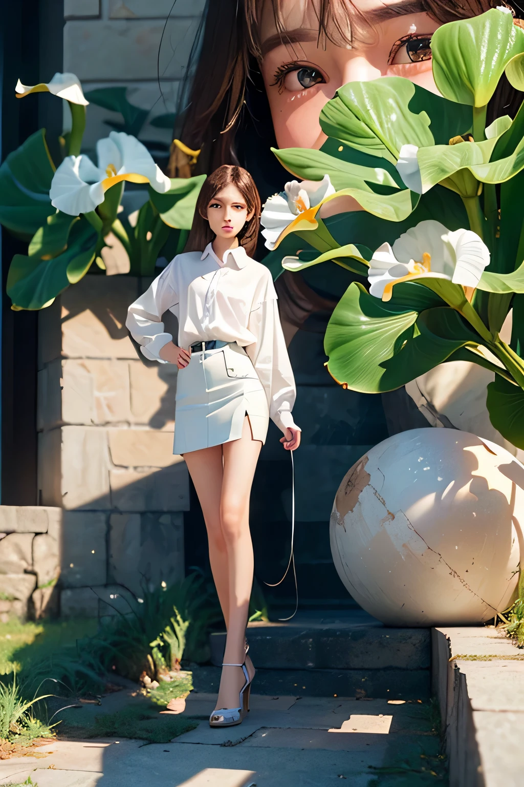 real、long legs、full、feminine、white shirt、mini skirt、high heels,very delicate face,realistic lighting and shading, (very delicate and beautiful芸術)1.2, It&#39;s elegant,dramatic shadow、very detailed。high quality、High resolution、Raw、超High resolution、super detail、(very delicate and beautiful)、very detailed、real shadow,from below、(ultra high res,photorealistic,realistic,best quality,photo-realistic), (((high detailed skin,visible pores))),(real person,photograph), ((mix4)), (8k, raw photo, best quality, masterpiece),photon mapping, radiosity, physically-based rendering,automatic white balance ,mastoid process (1girl) (blush|cute and playful|adorable|skinny|thick bangs|beauty|18 years old|childish looks|under 18 years old),(irises and pupils are rounded,the pupil reflects the surroundings,eyes are not the same size:1.2), (skinny:1.6),(beautiful eyes for details:1.2)、((1 girl))、mature woman、((solo))、(brown eyes:1.4)、(Highly detailed CG、Super detailed、best shadow:1.1)、(Depth of the bounds written),(very detailed and beautiful:1.1)、(perfect details:1.1)、Complex 3d Rendering Ultra Details Beautiful