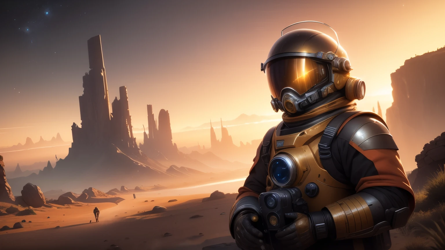 (best quality,4k,highres,masterpiece:1.2),ultra-detailed,realistic,photorealistic:1.37,portrait,sci-fi,helmet reflection,ancient ruins,explorer,golden sunrise,red planet,space suit,lush vegetation,distant mountains,crimson sky,curiosity,loneliness,unknown history,dust particles,extraordinary journey,metallic surface,antique structures,expedition,visors,glistening visor,vast landscape,archaeology,relics of the past,mystery,adventure,intrigue,majestic view,unexplored territory,spirit of exploration,unearthing the secrets,wonder of the universe