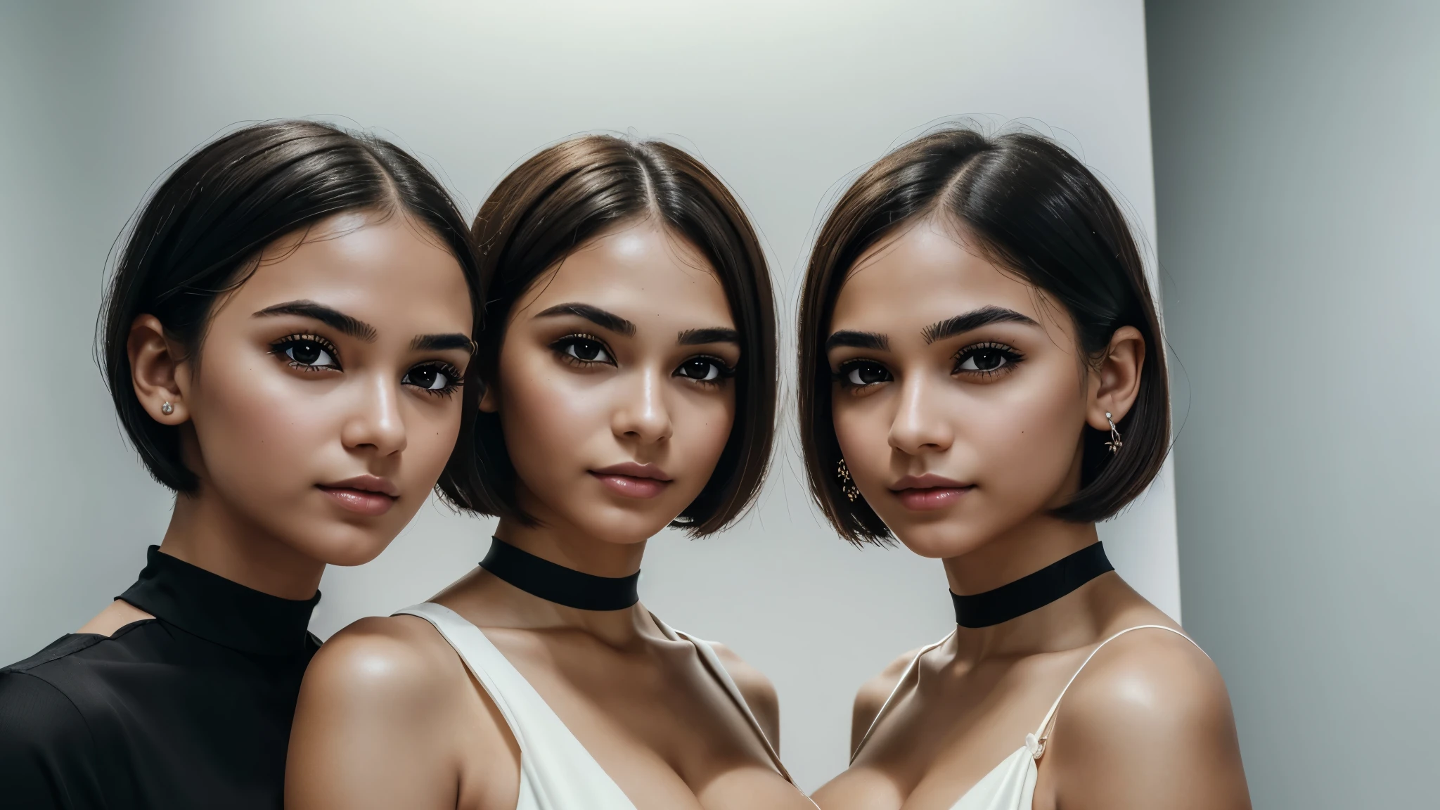 Group of fashionable women in bar, sitting position, back to camera, blonde, brown, brunette, redhead, messy hair, ponytail, short hair, side ponytail, curly hair, straight hair, hair spread out with heart-shaped pupils, crazy eyes, empty eyes, water-colored eyes, sparkling eyes, long eyelashes, pout, finger smile, wrinkled lips, seductive smile, heart in the eyes, blushing, torogao, naughty face, naughty face, endured face, suffocating laughter, full body, looking up, movie lighting, chiaroscuro, glitter, glowing light, image fill, stereogram, high detail, modern, romantic, genre painting, UHD, textured skin, super detail, high detail, best quality