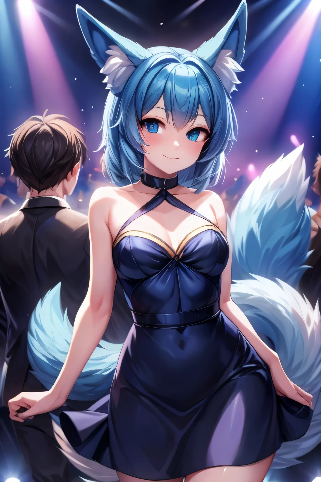 (Masterpiece) (High Detail) (High Res) A short small  humanoid girl with pale human skin and blue eyes and long blue hair and blue dog ears and a fluffy dog tail is wearing a cute black dress and is in a nightclub with lots of anthro people of various species all around dancing.