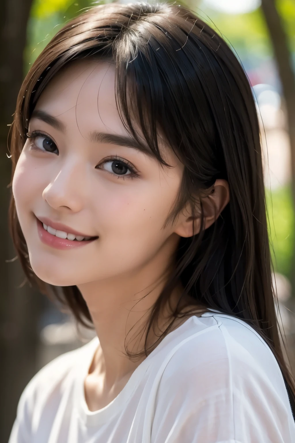 (highest quality,masterpiece:1.3,ultra high resolution),(Super detailed,caustics),(realistic:1.4,RAW shooting),1 girl,(Look at the camera with a smile),Lens 135mm f1.8,(highest quality)、20-year-old,、cute,black haired、messy hair、face focus,professional writing,natural eyebrows、flat bangs、japanese actress、smile、perfect anatomy、golden ratio、A natural shadow、natural shadow、sunny place、Pure white T-shirt