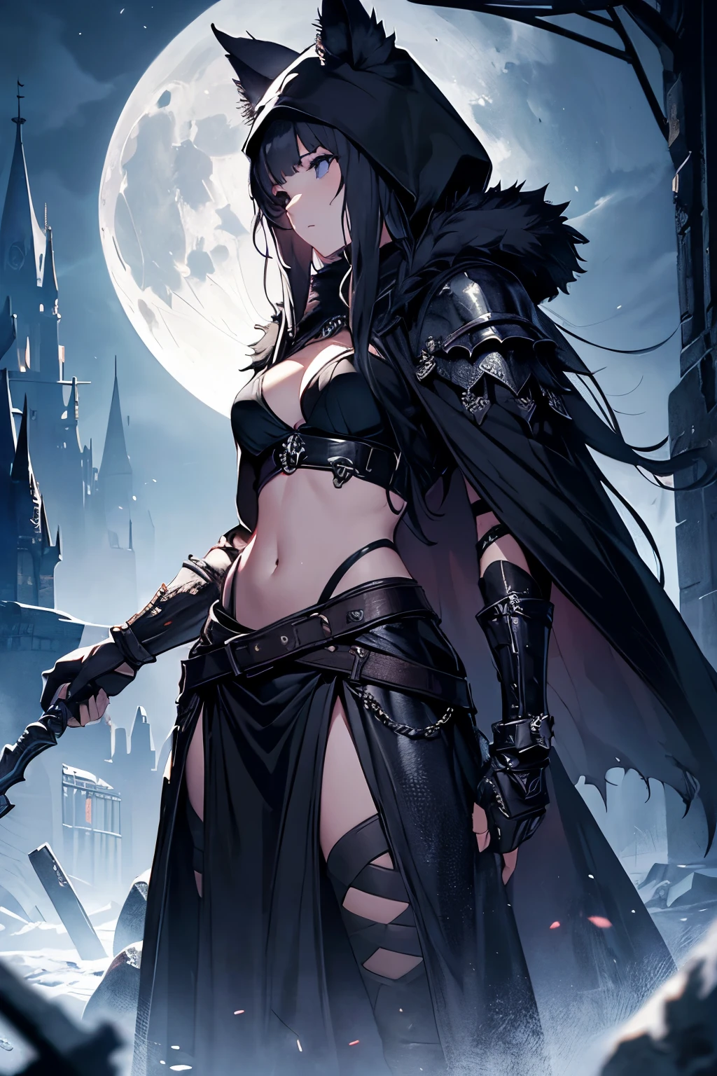 (masterpiece, best quality, dynamic lights), 1girl, dark souls atmosphere, large wolf skull mask, fur hood, armor, castle, moon, (dark glow, dark light), long skirt side slit, perfil, navel, skindentation