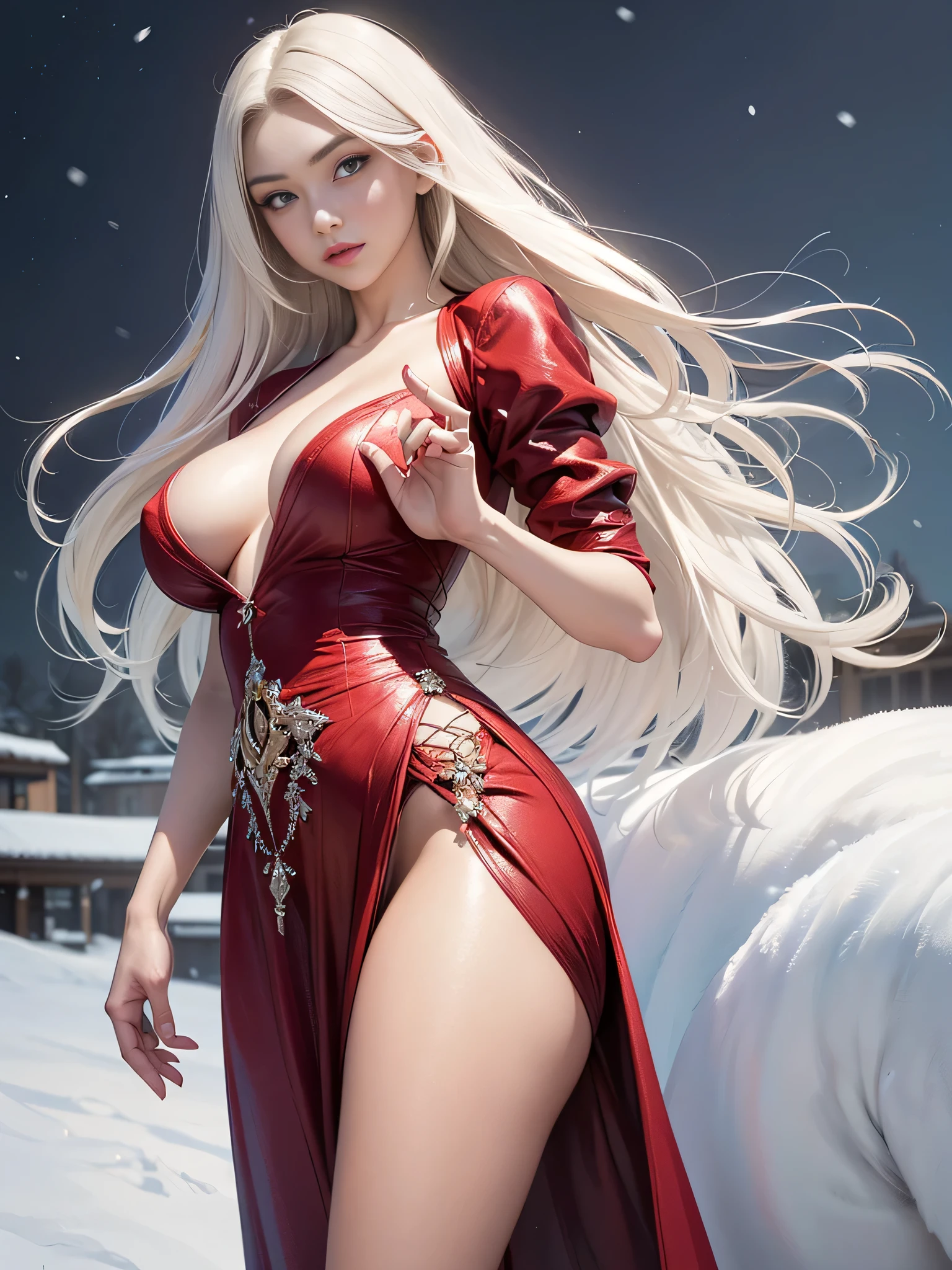 (highest quality, 8K, High resolution, realistic:2.0), (((alone, one girl:2.0))),(lit: front),(lit: strong),(ultimate beautiful girl:2.0),(shiny skin),(oily skin),(platinum blonde hair:1.3),(straight long hair:2.0),blush brown makeup , dark eye makeup , use pink glossy lipstick,(girl with big beady eyes:1.5),((round face, smile, big breasts,big ass))、flushed complexion、(sexy pose)、((snowy winter outdoors))、(anatomically correct)、(perfect body proportions)、 ((perfect hands))、 (((perfect fingers)))、(oily skin:1.5)、