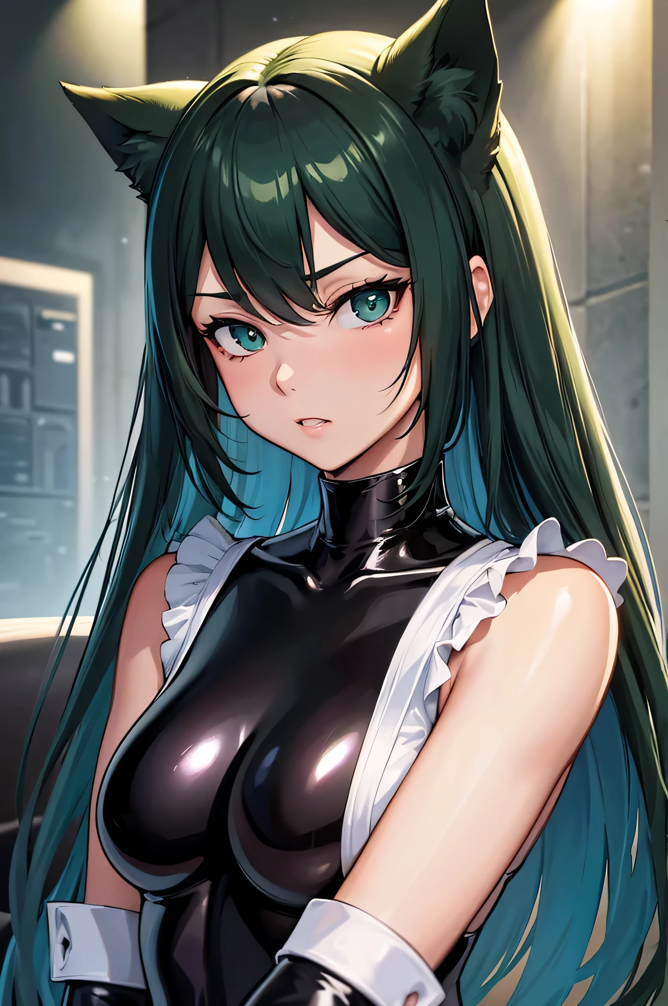 beautiful, (masterpiece), 最high quality, (extremely get used to it face), extremely get used to it eyes, perfect lighting, overall details, get used to it, deep skin, slicked back hair, long hair, green hair, type of eyes, slicked back hair, elbow bag, alone, looking at the viewer, one hand, verbal invitation, lifting shirt, saliva, saliva trail, latex suit, spy lady, wearing tight latex suits, high quality, Super high quality, Highly detailed CG Unity 8K wallpaper, High resolution, close your face, bondage suit, shiny bondage, cool girl, dog girl, cat girl