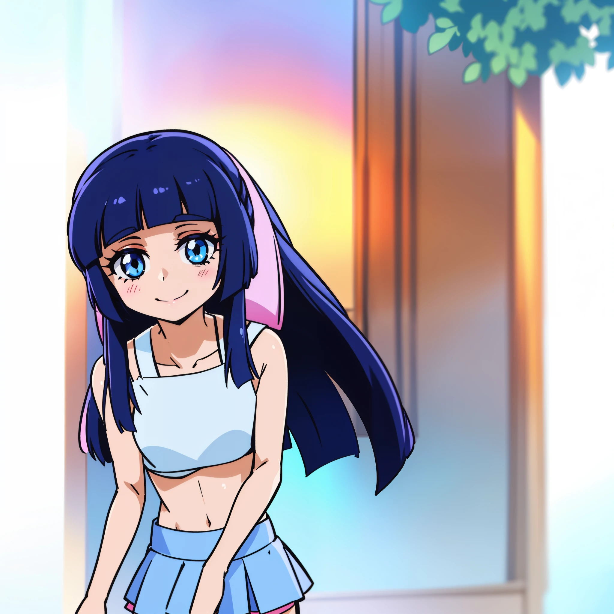anime girl with blue eyes and long hair in light blue bra, anime moe art style, anime style, in anime style, naughty anime style, 2D anime style, smile, smile face, clothing:水色のbra, flat anime style shading, cute anime girl, bra, big breasts, had big breasts, navy blue mini skirt, solo, pretty anime girl, anime girl with long hair, long blue hair girl, blue eyed girl, bangs, white hair pins, anime girl, flat anime style shading, cute anime style, anime art style, Created at Anime Artist Studio, bra with an light blue, mini-skirt with an navy blue, an anime girl, anime stylized, Beautiful charming anime teen, casual atmosphere,