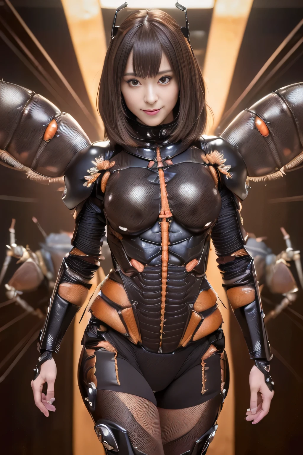 (High resolution,masterpiece,highest quality,Very detailed CG, anime, official art:1.4), realistic, photograph, amazing detail, everything is complicated, shiny and glossy,Amazing number of layers, 8K wallpaper, 3D, sketch, cute, figure,( alone:1.4), perfect female proportions,villain&#39;s daughter, (Fusion of dark brown cockroach and lady:1.4), (brown cockroach woman:1.2), (brown cockroach woman:1.2), (Fusion:1.2), (alone:1.4), (evil smile:1.2), muscular, abs, (Cockroach brown exoskeleton bio insect suit:1.4), (Cockroach brown exoskeleton bio insect armor:1.2), (brown transparent cockroach feathers:1.4), (Antennae of brown cockroaches:1.3),