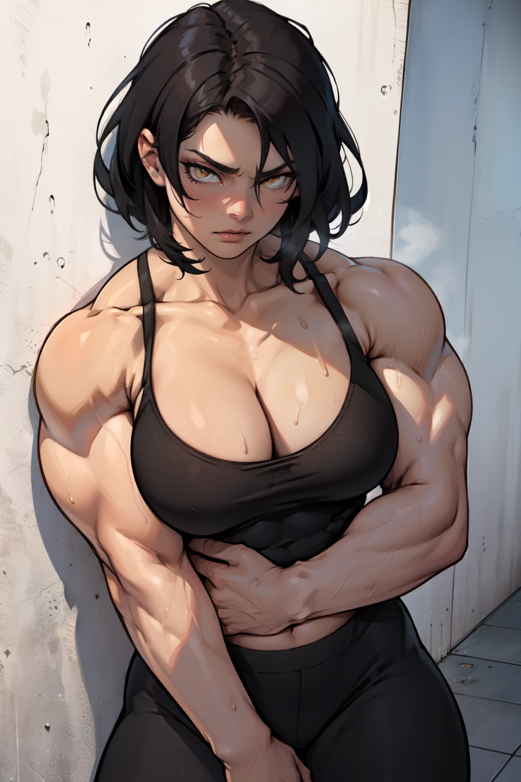 (((muscular girl large breasts thick))) pale skin black hair yellow eyes sweaty drop shadow waistup sad 