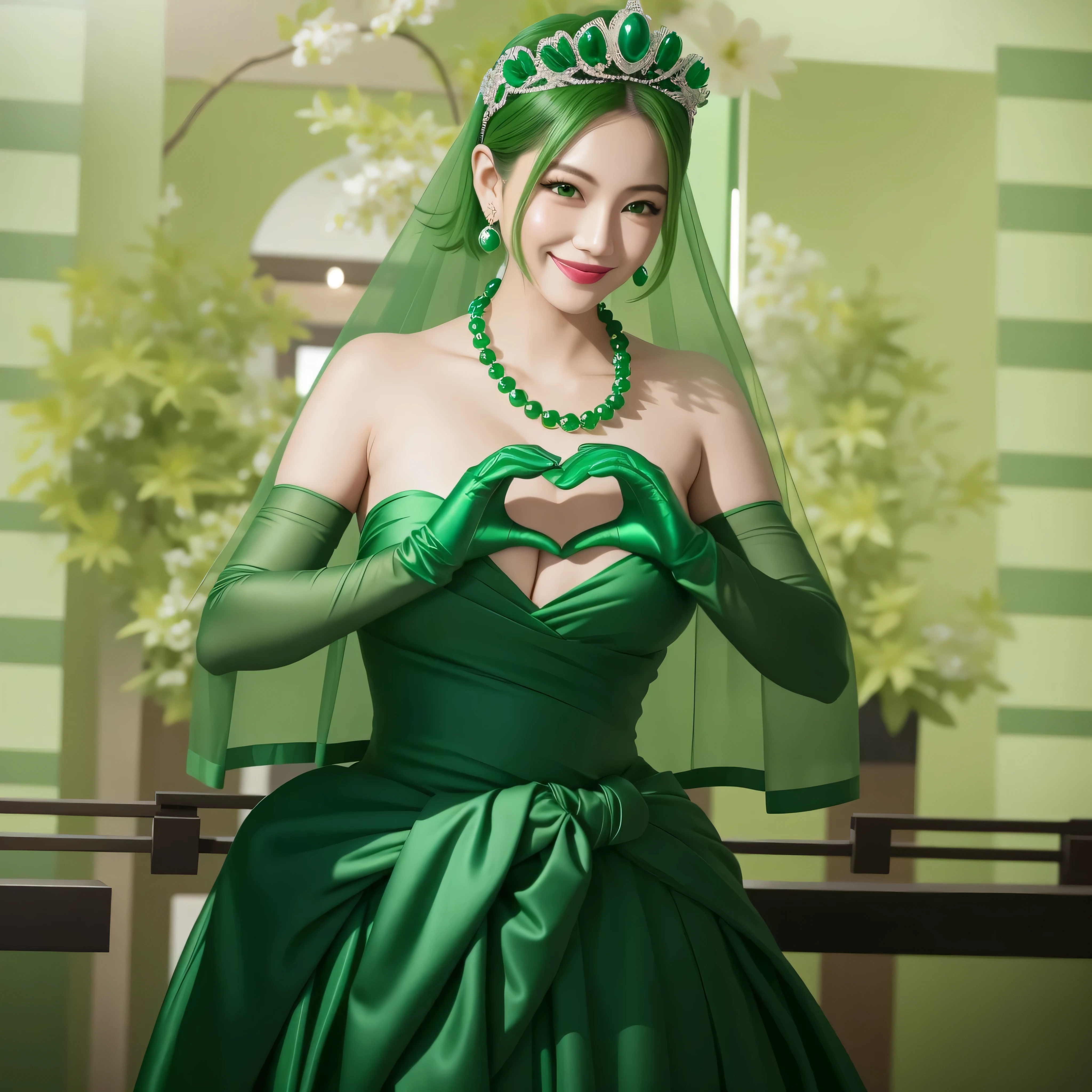 emerald tiara, green pearl necklace, ボーイッシュな非常に短いgreen hair, green lips, smiling Japanese woman, very short hair, Beautiful woman with big breasts, green eyes, green satin long gloves, green eyes, emerald earrings, green veil, Heart with both hands, green hair, beautiful japanese woman, heart shaped hands:1.3, green lip gloss, pregnancy, pregnant woman