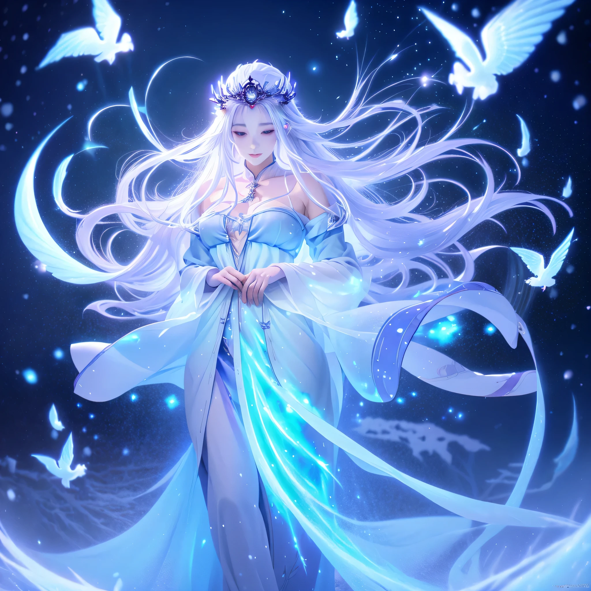 anime girl with long white hair and a blue dress in the snow, white haired deity, white hair floating in air, anime fantasy illustration, flowing white hair, beautiful young wind spirit, beautiful fantasy anime, glowing flowing hair, ethereal anime, beautiful anime artwork, beautiful digital artwork, anime fantasy artwork, ((a beautiful fantasy empress)), 2. 5 d cgi anime fantasy artwork