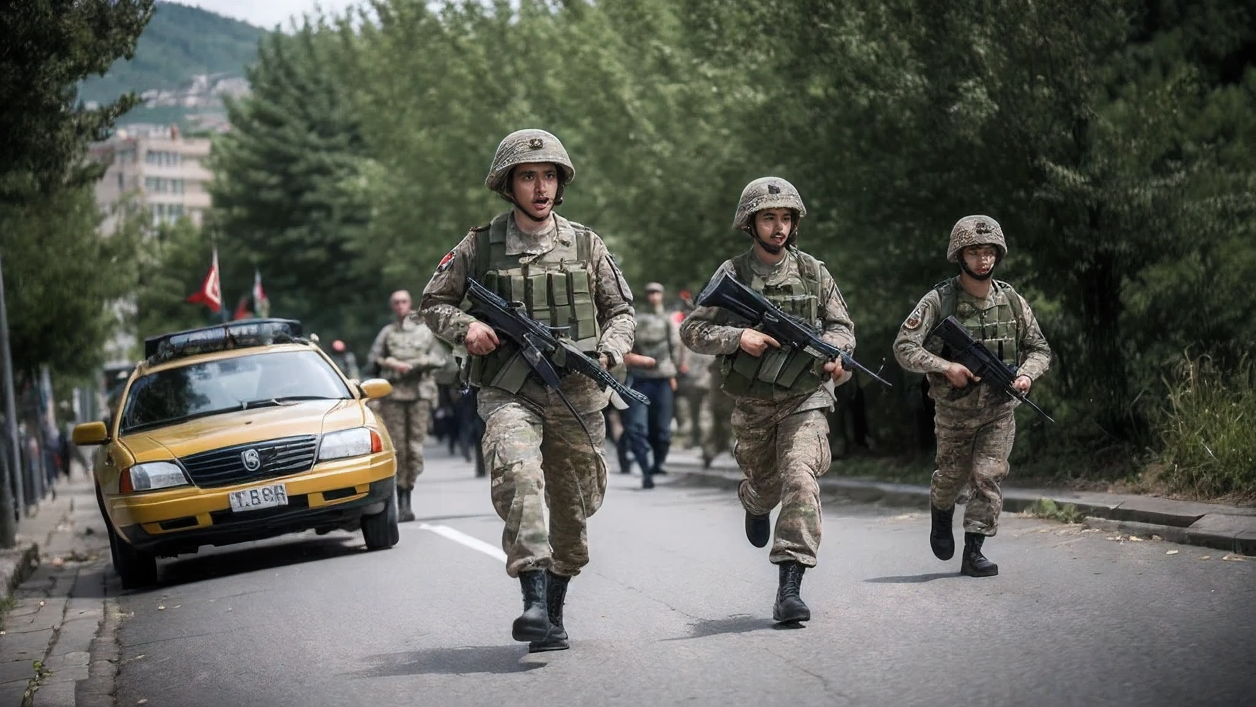 soldiers walking down a street with their weapons in hand, soldiers running, troops searching the area, several soldiers, soldiers charging in, soldiers, military police, turkey, miltary, benjamin vnuk, army, otjize, 1614572159, subtitles, military parade, soldiers charging the enemy, can basdogan