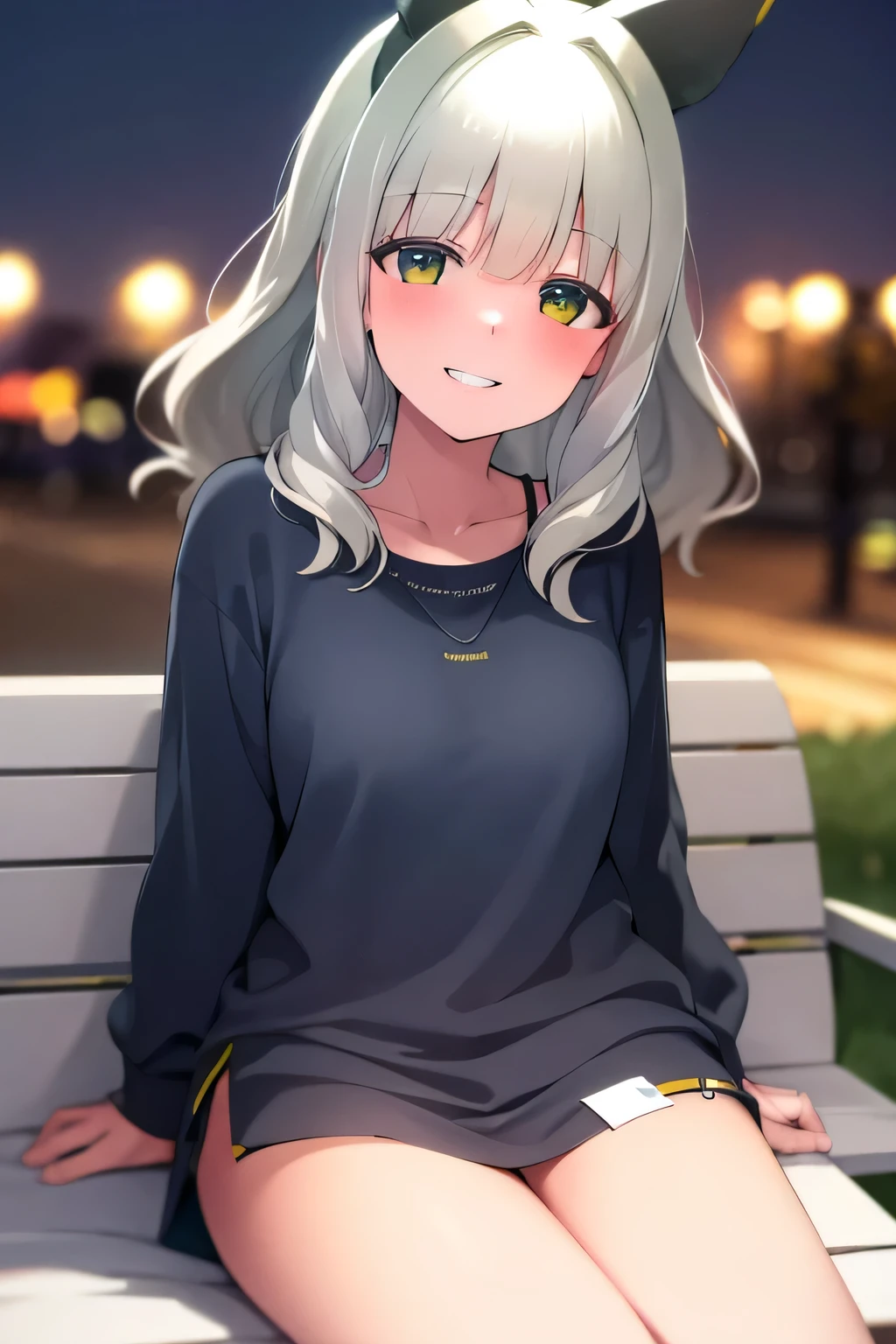 hare, sitting at bench, night city background, smiling, natural colors, 8k