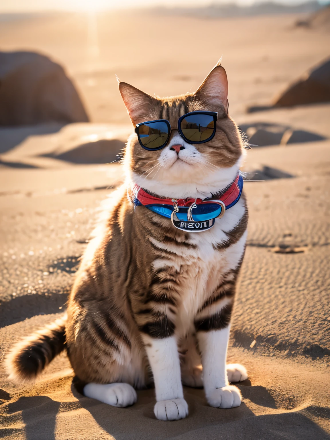 ((masterpiece)), ((highest quality)), ((High resolution)), ((Highly detailed CG Unity 8K wallpaper)),Sandy beach on a sunny day、cat is wearing sunglasses