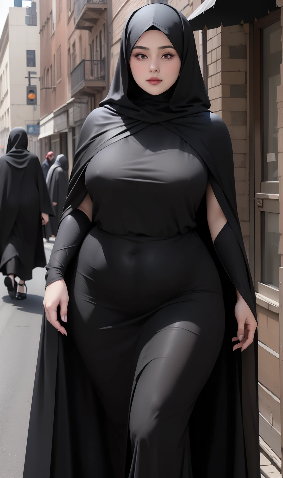 woman in black dress and hijab walking down the street, wearing black clothes and cape, hijab outfit, with a long black cape, hijab fashion model, plus size, plus size woman, wearing black robe, woman in black robes, beautiful burqa's woman, thicc, black outfit,, wearing a black robe, black, with cape, bbwchan