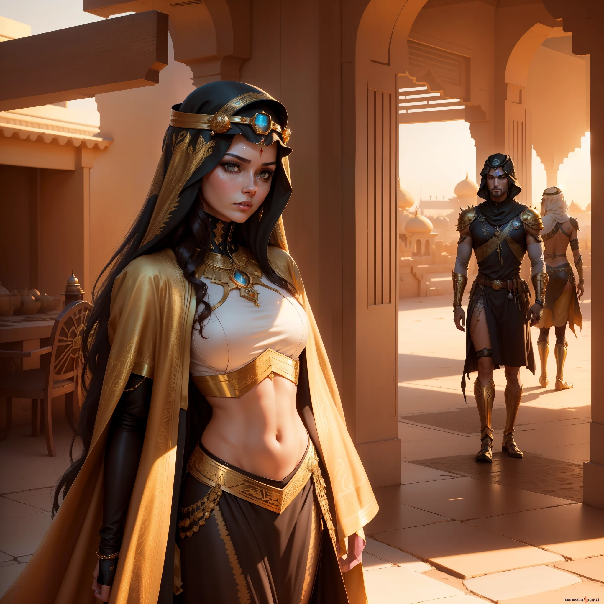 Photo of (arabian princess:1.5) Packed hall standing in the background々and衣装を着て (Cyberpunk Desert:1.3), (Exotic Royal Palace:1.5) and (sunset sky:1.2). In a complex hijab, Long vest in jewelry with gold embroidery, detailed face and eyes, (very detailed:1.4), 8K, realistic, (long dark brown hair:1.2), (young woman:1.1), Written by Jeremy Mann, Written by Sandra Chevrier, Written by Maciej Cuchara, (shadows and highlights:1.3), true shadow, 。.3D, (golden hour lighting:1.3), (by Michelangelo:0.9), Art stations and deviations, Greg Rutkowski and Alphonse Much