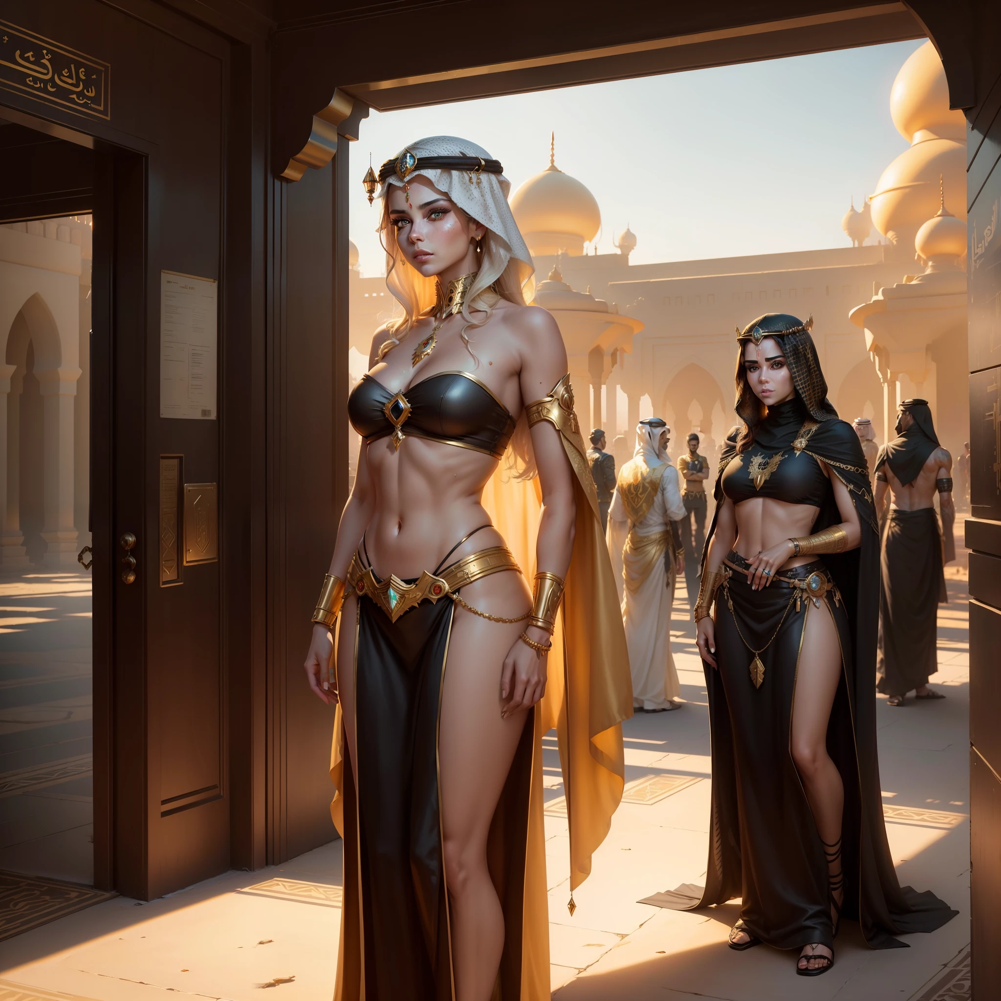 Photo of (arabian princess:1.5) Packed hall standing in the background々and衣装を着て (Cyberpunk Desert:1.3), (Exotic Royal Palace:1.5) and (sunset sky:1.2). In a complex hijab, Long vest in jewelry with gold embroidery, detailed face and eyes, (very detailed:1.4), 8K, realistic, (long dark brown hair:1.2), (young woman:1.1), Written by Jeremy Mann, Written by Sandra Chevrier, Written by Maciej Cuchara, (shadows and highlights:1.3), true shadow, 。.3D, (golden hour lighting:1.3), (by Michelangelo:0.9), Art stations and deviations, Greg Rutkowski and Alphonse Much