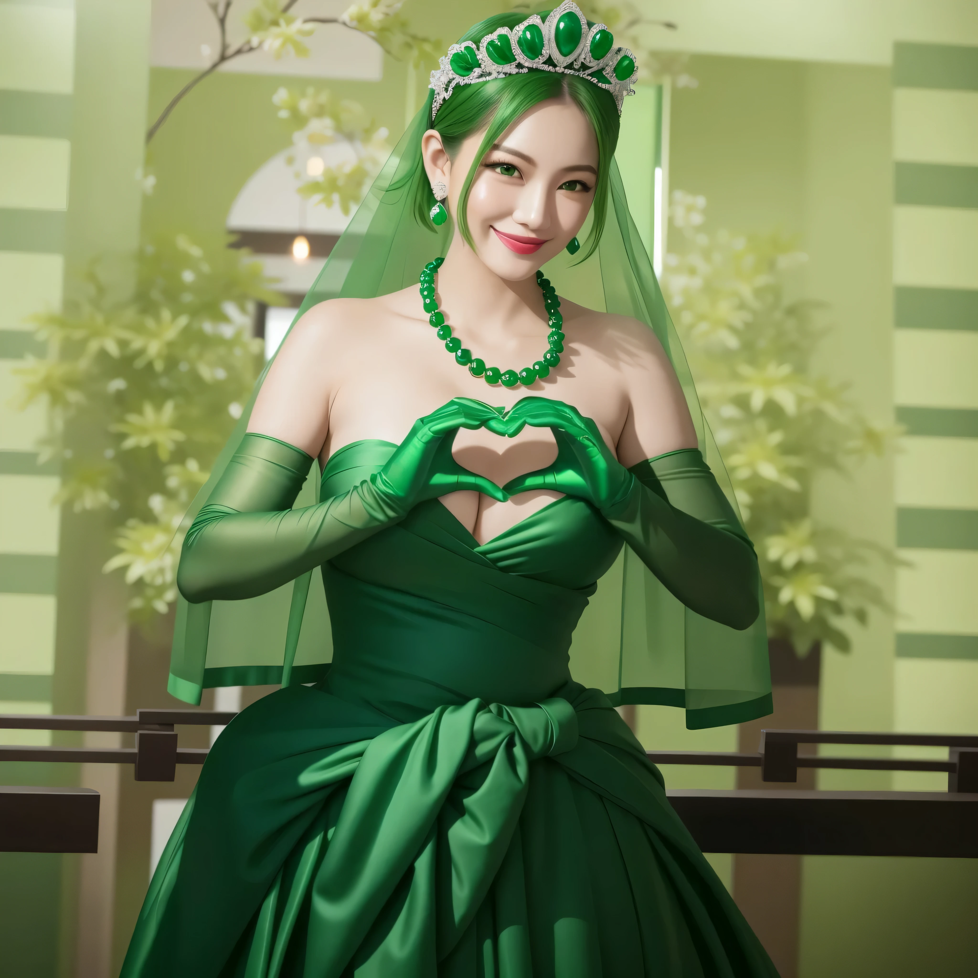 emerald tiara, green pearl necklace, ボーイッシュな非常に短いgreen hair, green lips, smiling Japanese woman, very short hair, Beautiful woman with big breasts, green eyes, green satin long gloves, green eyes, emerald earrings, green veil, Heart with both hands, green hair, beautiful japanese woman, heart shaped hands:1.3, green lip gloss, pregnancy, pregnant woman