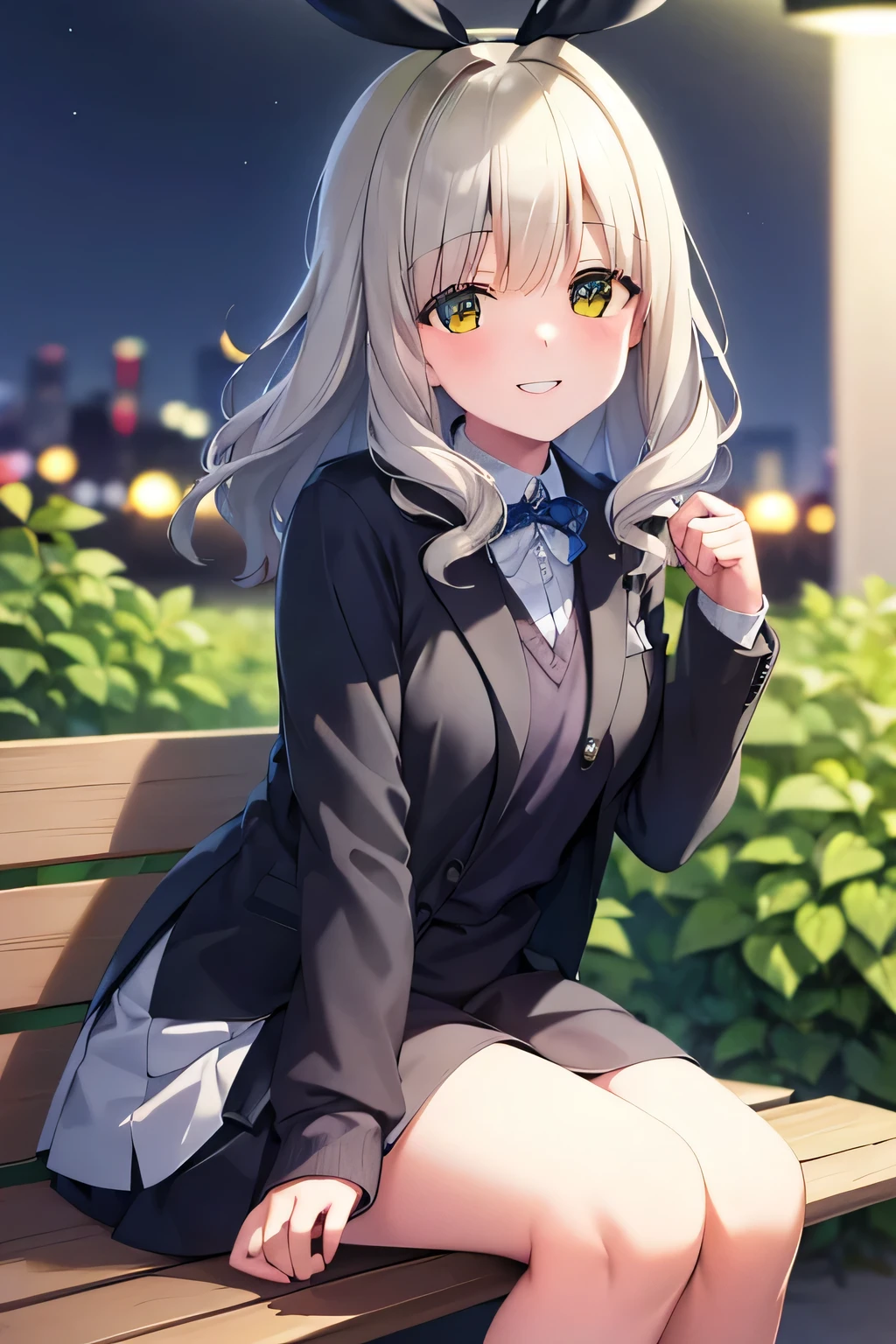 hare, sitting at bench, night city background, smiling, natural colors, 8k