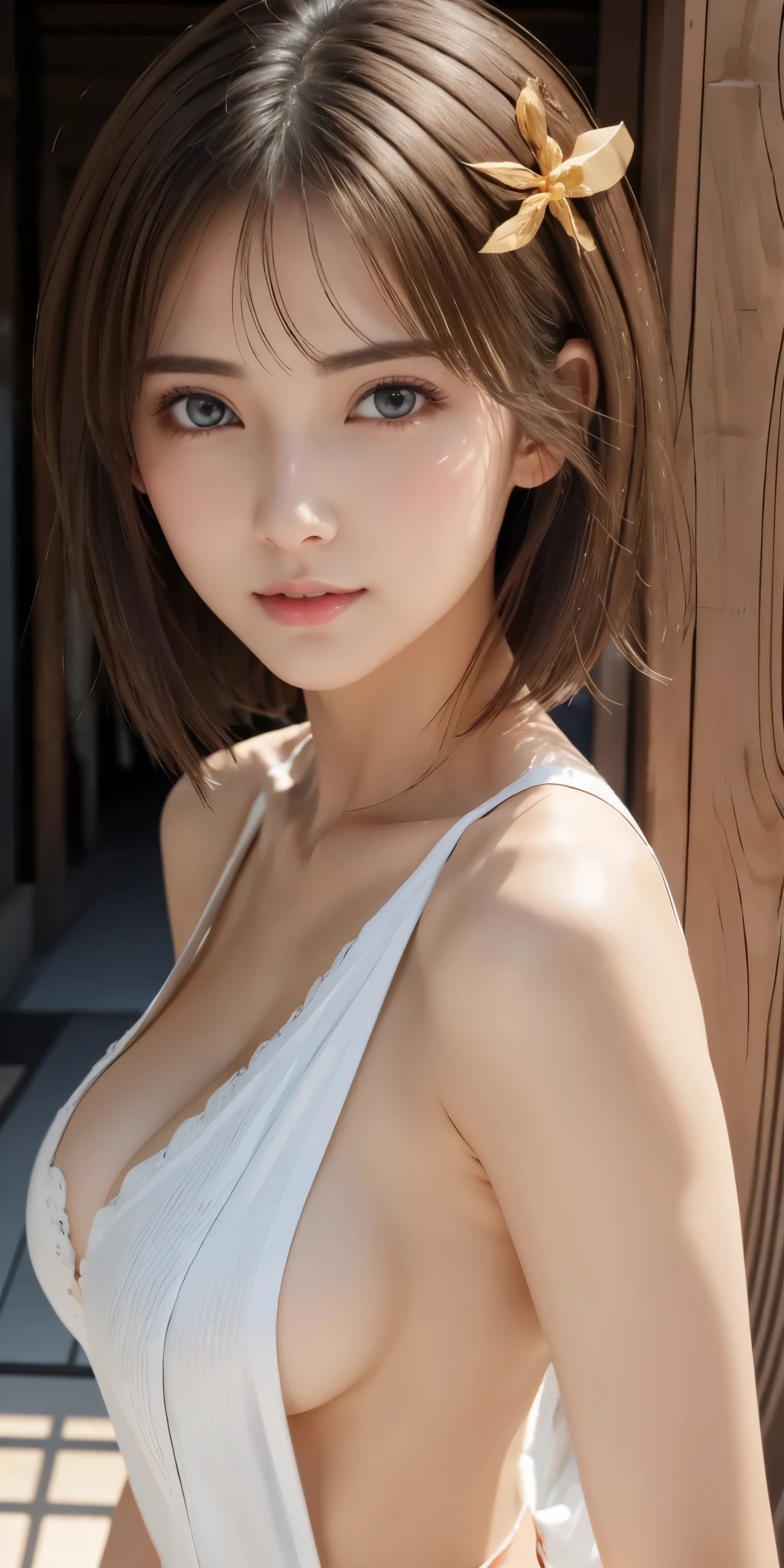 NSFW、16k、Photoreal、highest quality、masterpiece、ultra high resolution、Raw photo、realistic、bright lighting、face light、smooth professional lighting、looking at camera、alone、adult woman、Beautiful woman、super beautiful、realistic skin texture、Glittering skin、moist skin、Realistic eye and face details、perfect style、model body shape、beautiful eyes、Big eyes、black eye、Inconspicuous tear bags、slim、medium big breasts、No bra、camel toe、short hair、Dark brunette hair、looks fun、looks happy、beautiful hip line、side boob、underhrine maiden服)))、(((shrine maiden)))、shrine