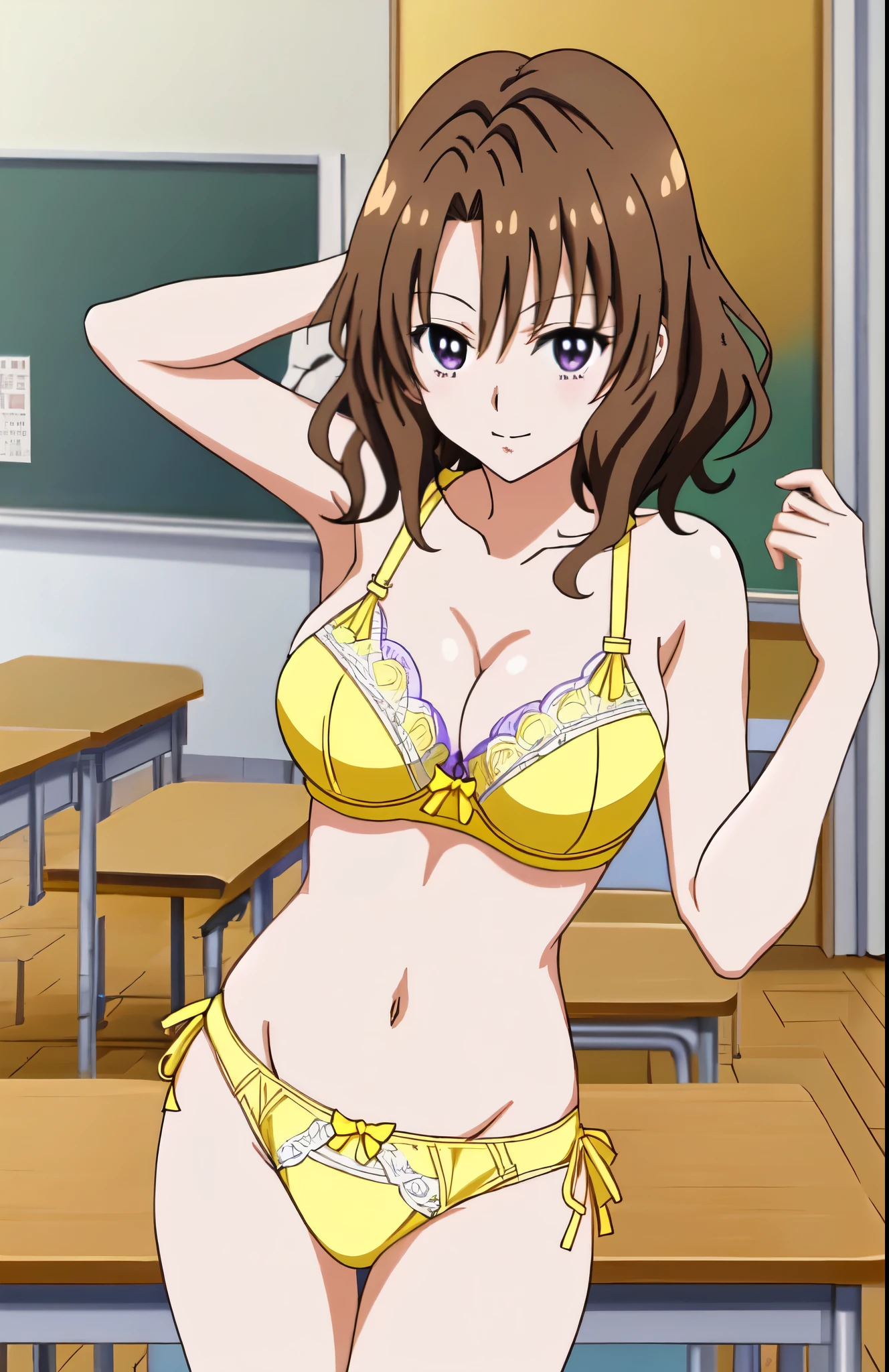 anime girl in a yellow bra with a yellow bow and yellow panty、Woman with short brown hair、purple eyed woman、wavy hair、seductive anime woman、clothing:yellow bra、yellow panties、tall woman、sexy atmosphere、anime moe art style、big breasts、woman with very large breasts、(anime girl)、attractive anime girl、naughty anime style、Beautiful charming anime 、Smooth anime CG art、school classroom、indoor、cleavage、bra with an yellow、panty with an yellow、whole body、a girl is standing、digital anime art!!、female focus、 pretty anime girl、anime best girl、solo、underwear only、Bra and panties only、8k!!、High resolution!!、