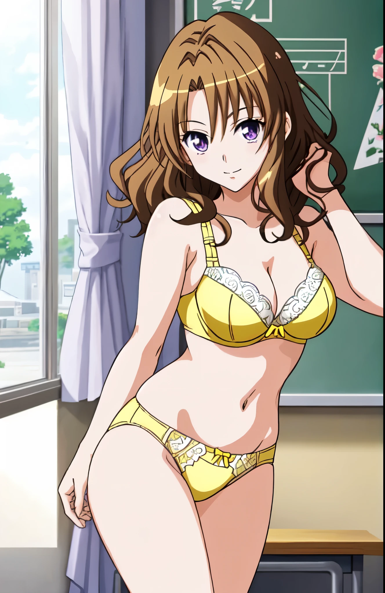 anime girl in a yellow bra with a yellow bow and yellow panty、Woman with short brown hair、purple eyed woman、wavy hair、seductive anime woman、clothing:yellow bra、yellow panties、tall woman、sexy atmosphere、anime moe art style、big breasts、woman with very large breasts、(anime girl)、attractive anime girl、naughty anime style、Beautiful charming anime teen、Smooth anime CG art、school classroom、indoor、cleavage、bra with an yellow、panty with an yellow、whole body、a girl is standing、digital anime art!!、female focus、 pretty anime girl、anime best girl、solo、underwear only、Bra and panties only、8k!!、High resolution!!、