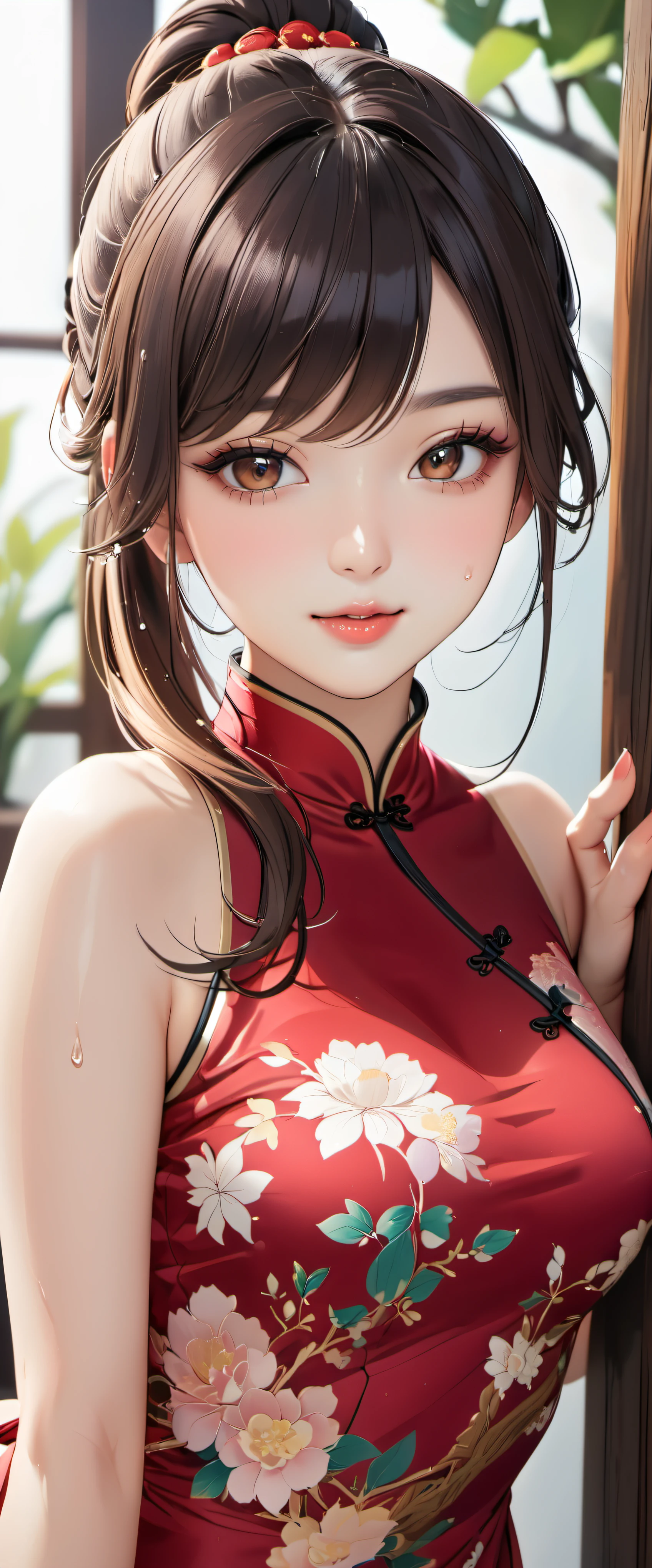 (masterpiece,highest quality,超A high resolution),japanese woman, (((Very beautiful 25 year old girl))), pretty girl、look at the photographer、 ((beautiful low ponytail)), super cute face, glossy lips, double eyelids in both eyes,natural smile、 natural makeup, long eyelashes, shiny smooth hair、center image, perfect limbs, perfect anatomy,(((China dress)))、((()),wet with sweat,