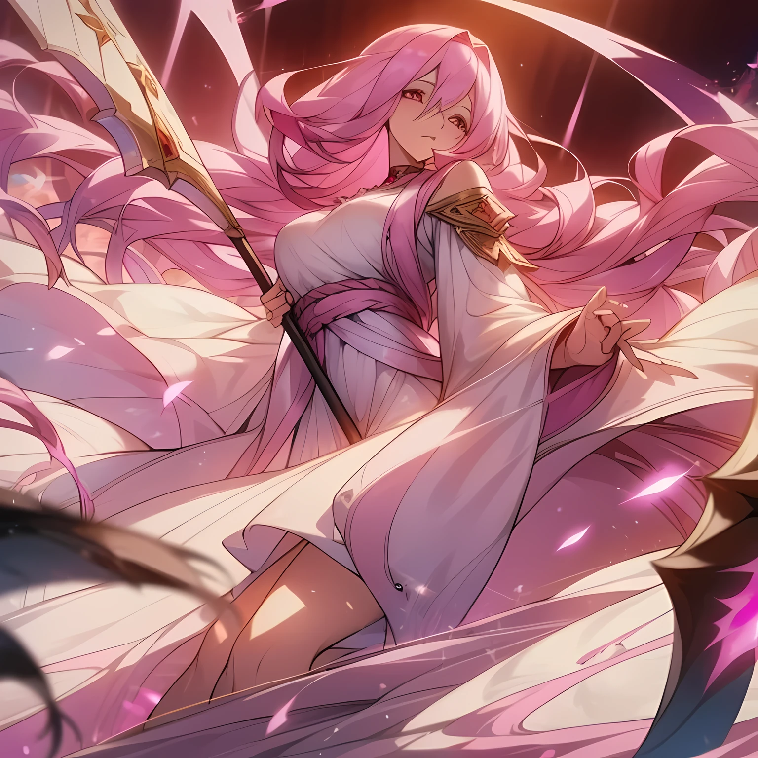 "Draw a beautiful spider woman anime character with long shiny pink hair and slightly slanted bright pink eyes. She is wearing a billowing white robe that almost touches the floor. She is standing on a bed of pink flowers, with her big breats out with confident, superhero-like attitude. In one hand, she held a small pink spider. In the other, she held a large sharp scythe raised to her shoulder, ready to attack at any time. Her pink hair flowed down her back in a elegant waves. She was wearing a sexy soft white high-necked and crop top, long-sleeved shirt, with a cutout at the chest that revealed her ample breasts. She wore a long white skirt that only covered her thighs. She also wore high heels that made her look taller than before Despite his confident and authoritative demeanor, he had a gentle and gentle expression on his face. His eyes were slightly narrowed and looked friendly and caring. He seemed like the kind of person who would rush to help a friend in need without a second thought. But don't let his kind expression fool you – he's still not someone easy to mess with, especially when he's holding a scythe, 