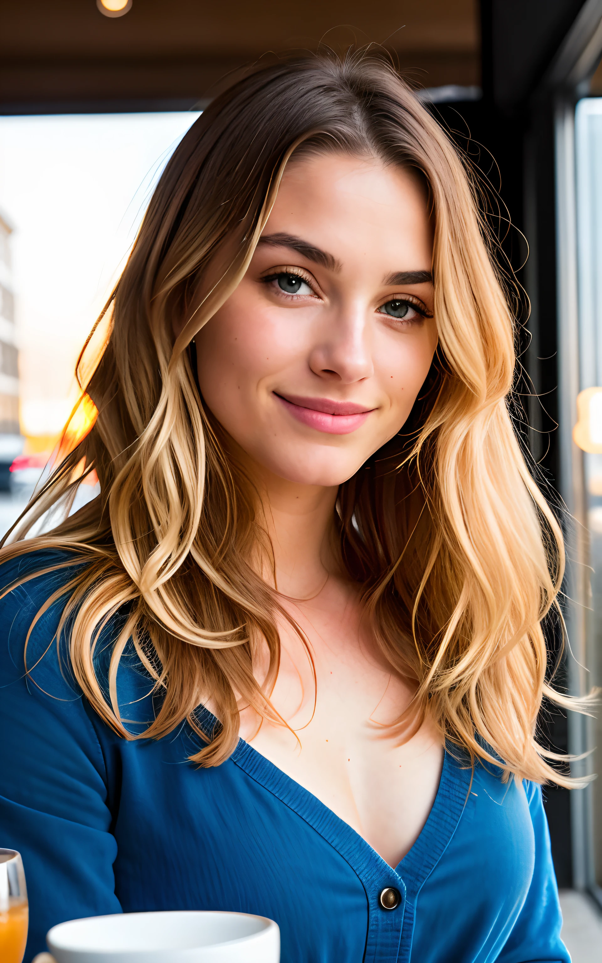 Beautiful blonde wearing a brown sweater (Sip coffee in a modern café at sunset), muito detalhado, 21 anos de idade, rosto inocente, cabelos ondulados naturais, olhos azuis, high resolution, obra de arte, Melhor qualidade, detalhes intrincados, altamente detalhado, sharp focus, pele detalhada, realistic skin textura, textura, olhos detalhados, profissional, 4K, sourire charmant, filmado em Canon, 85mm, profundidade superficial de campo, Kodak Vision Colors, corpo em forma perfeita, extremamente detalhado, fotografiar_\(ultra\), fotorrealista, Realista, after treatment, maximum details, rugosidade, Vida real, ultra realist, fotorrealismo, fotografia, 8k hd, fotografia