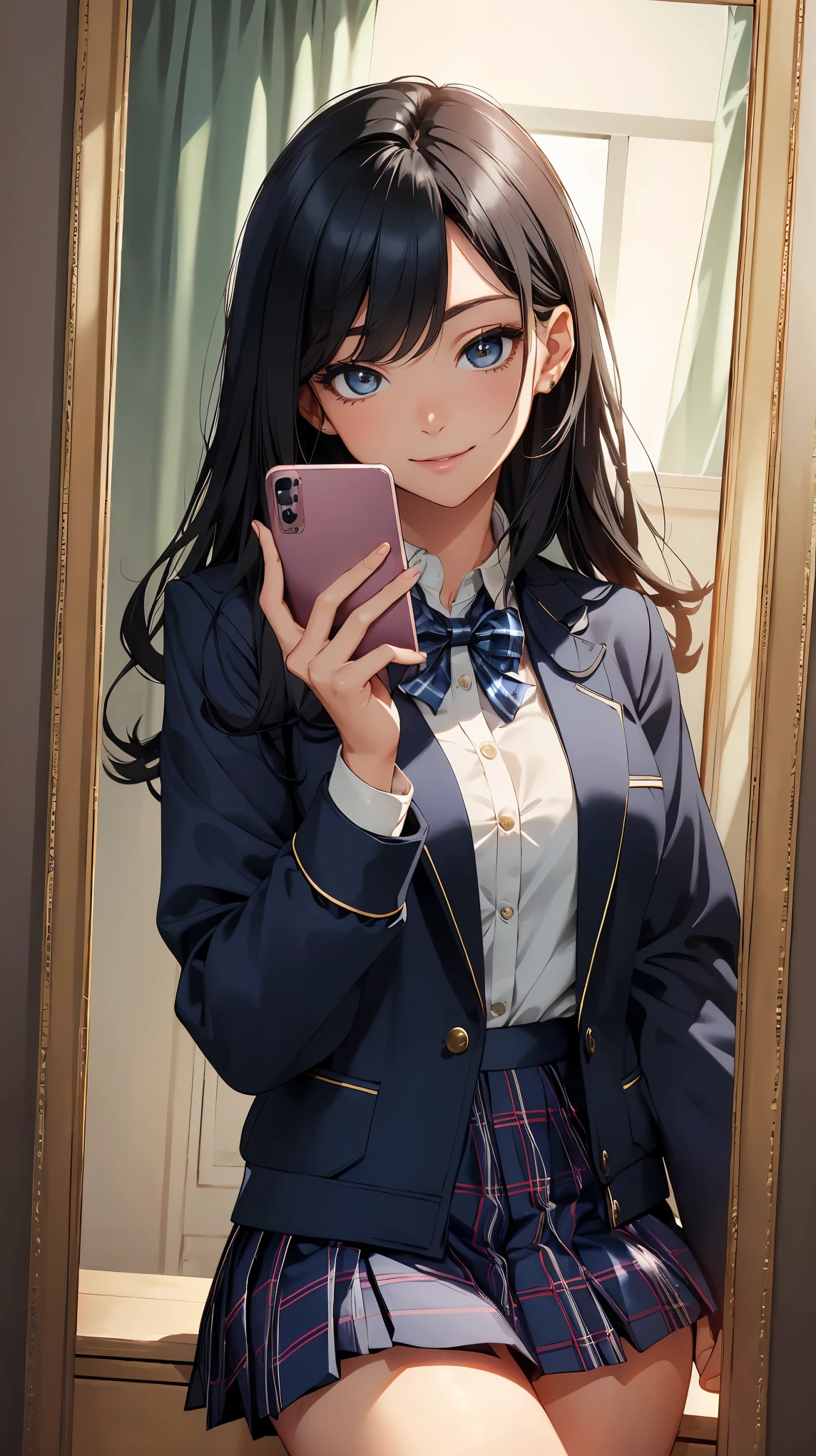 concept:woman taking a selfie. quality:(最高quality, 4k, High resolution, masterpiece:1.2), Super detailed, (real, photorealistic:1.37). illumination:Bright colors, Bright colors and mesmerizing effects, (warm sunshine), 柔らかく繊細なillumination, gentle shine, Lens flare, Beautiful and gentle atmosphere throughout the scene. Subject information:alone, ((young woman)), (round eyes), (small face), (high detail skin:1.2), long eyelashes, glossy lips, (Black hair with a brown tinge, long wavy hair, colorful eyes), (slim body shape, happy expression), (((in front of the mirror))), ((Shoot with a smartphone:1.2)), (Staring eyes:1.5, pose for a photo), (((high school uniform:1.2, dark blue jacket, open jacket, white shirt, deep blue plaid skirt, seductive thighs))), smile, Happy, Charm. Other details:Selfie through the mirror, reflected in a full-length mirror, realなレンダリング, natural pose, Charmなsmile, fun connections, exquisite texture, perfect composition, happy moment, beautiful skin, shiny skin, perfect fingers, five fingers, anatomically correct, smartphone photography.