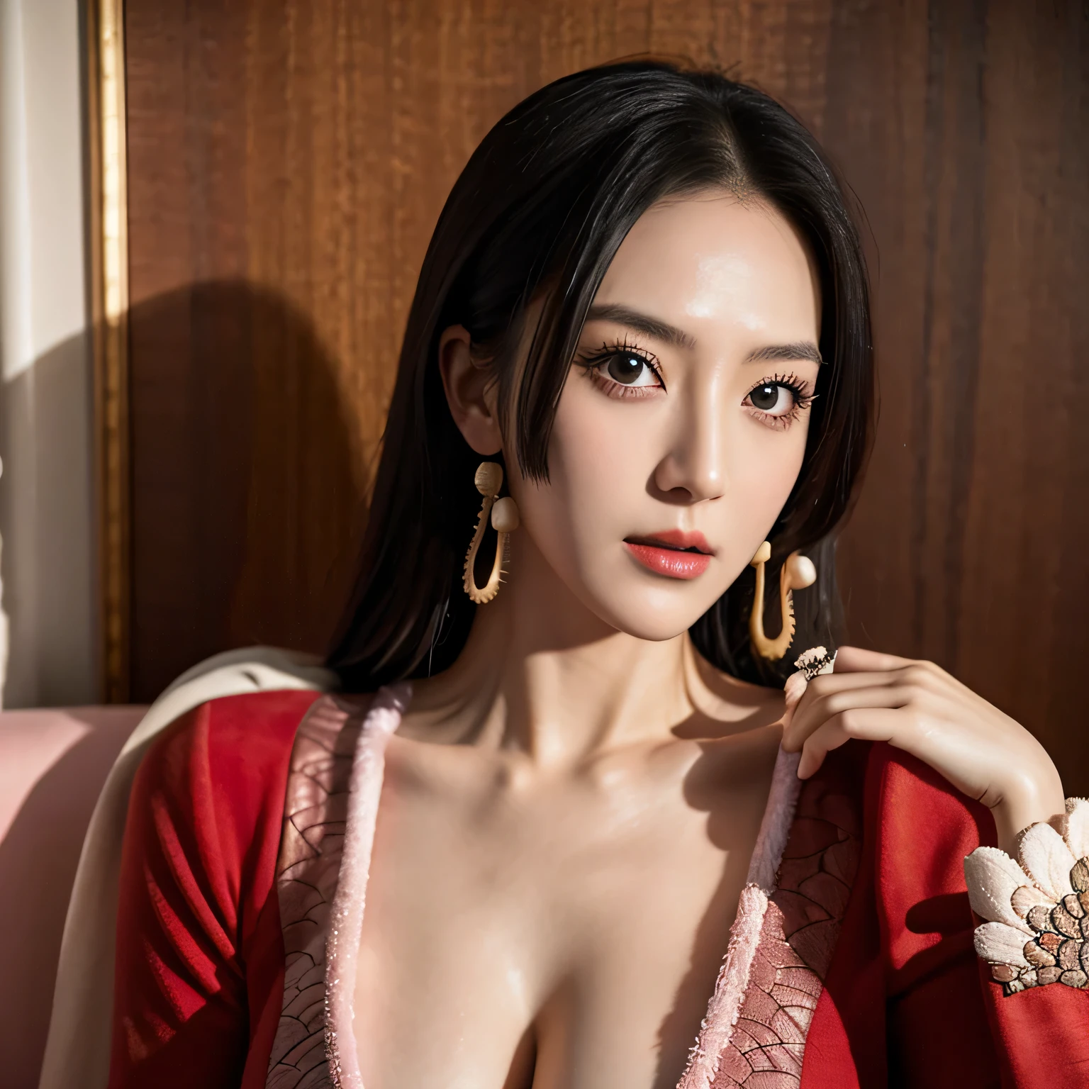 A korean-american beautiful girl, 1girl, cosplay boa hancock from one piece,(masterpiece:1.2), (best quality:1.2), (extremely detailed), cleavage, sensual pose, aesthetic, (extremely detailed face), ultra-detailed eyes and pupils, broad shoulder, (ultra detailed), 8k, photorealistic, pretty face, smile, instagram shot, instagram style, sit on the queen's bedroom, queen bedroom, looking at viewer, facing front, perfect skin, cinematic lighting, nipples, fair skin, black hair, black eyes, portrait photo, (medium breast:1.3), plumpy body, slender, beautiful makeup, nikon RAW photo, 8k ,Fujifilm XT3, photorealistic, detailed face, fair skin, perfect shape, slim face, indoors, dim lighting, (looking at viewer:1.2), wear boa hancock dress, long dress, glamour dress
