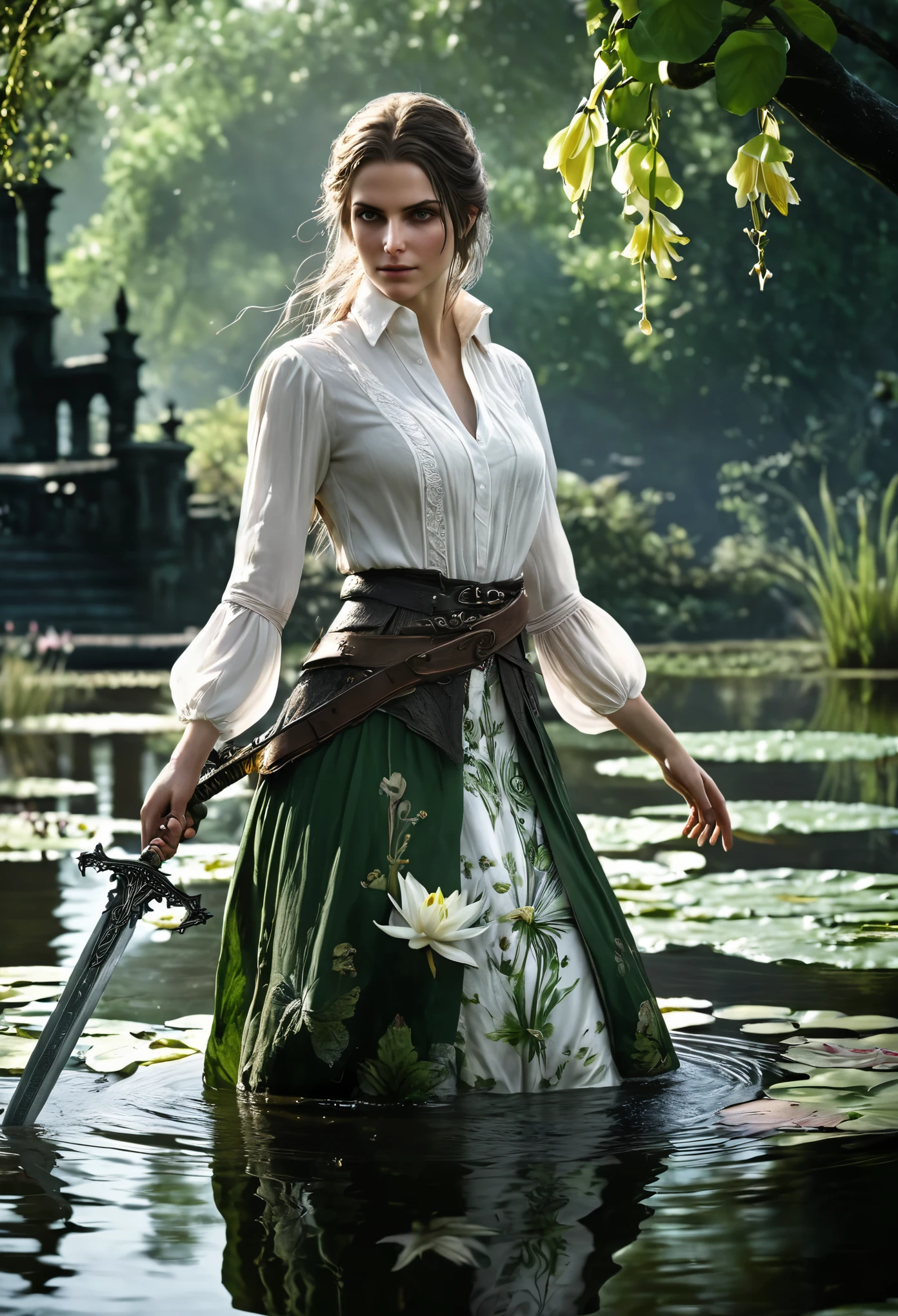 Bloodborne ~ Dark Souls 3 ~ Elden Ring ~ ultra detailed, A Gorgeous brunette, in white open shirt, green flowery pattern skirt, walking along a lively pond with lily pads. action pose holding a sword. blushing, teasing, Alluring. highly stylized. depth of field, bokeh effect, backlit, stylish, elegant, breathtaking, visually rich, masterpiece full body shot.