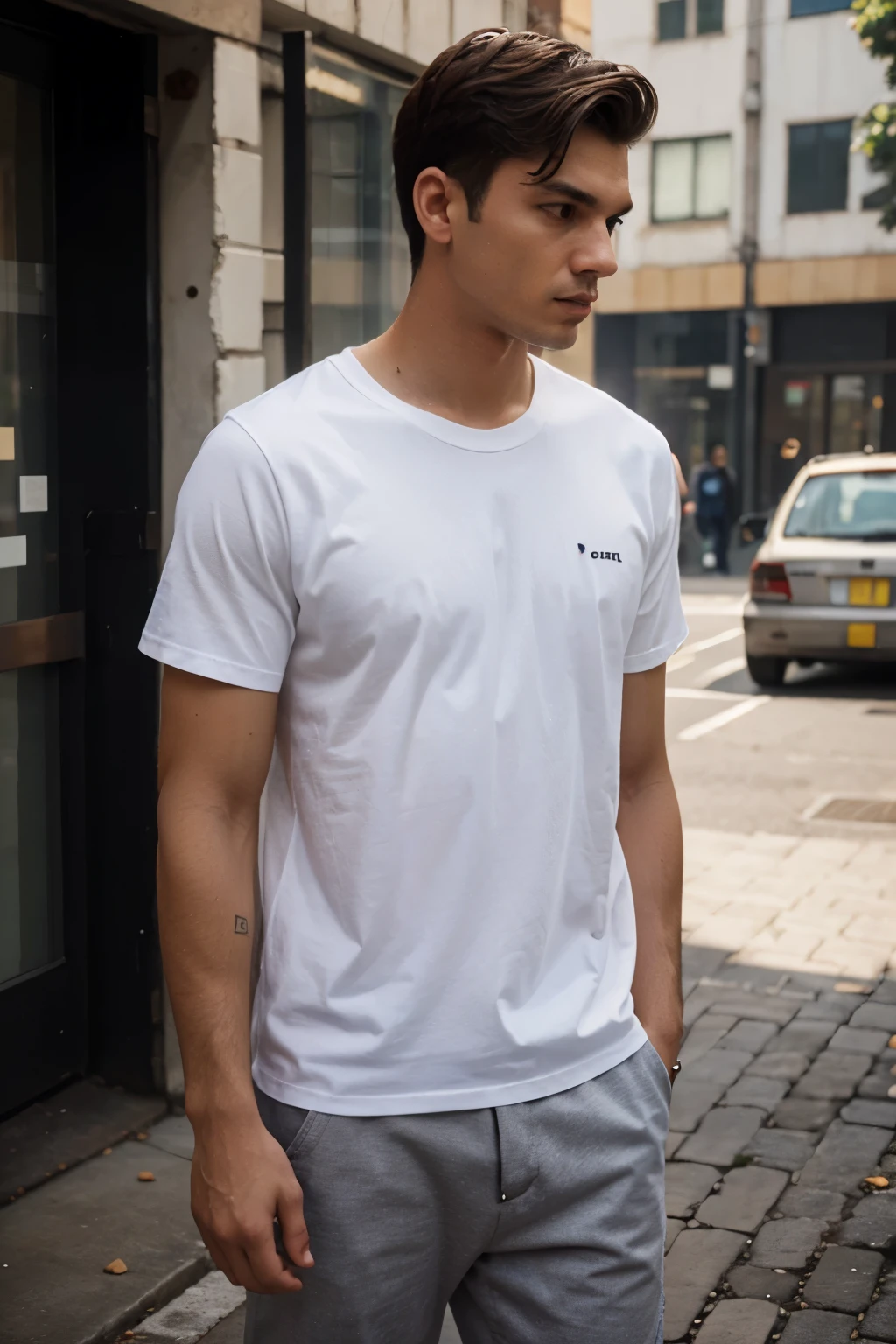 man wearing white basic shirt, mockup, urban scene, for print, ultra realistic