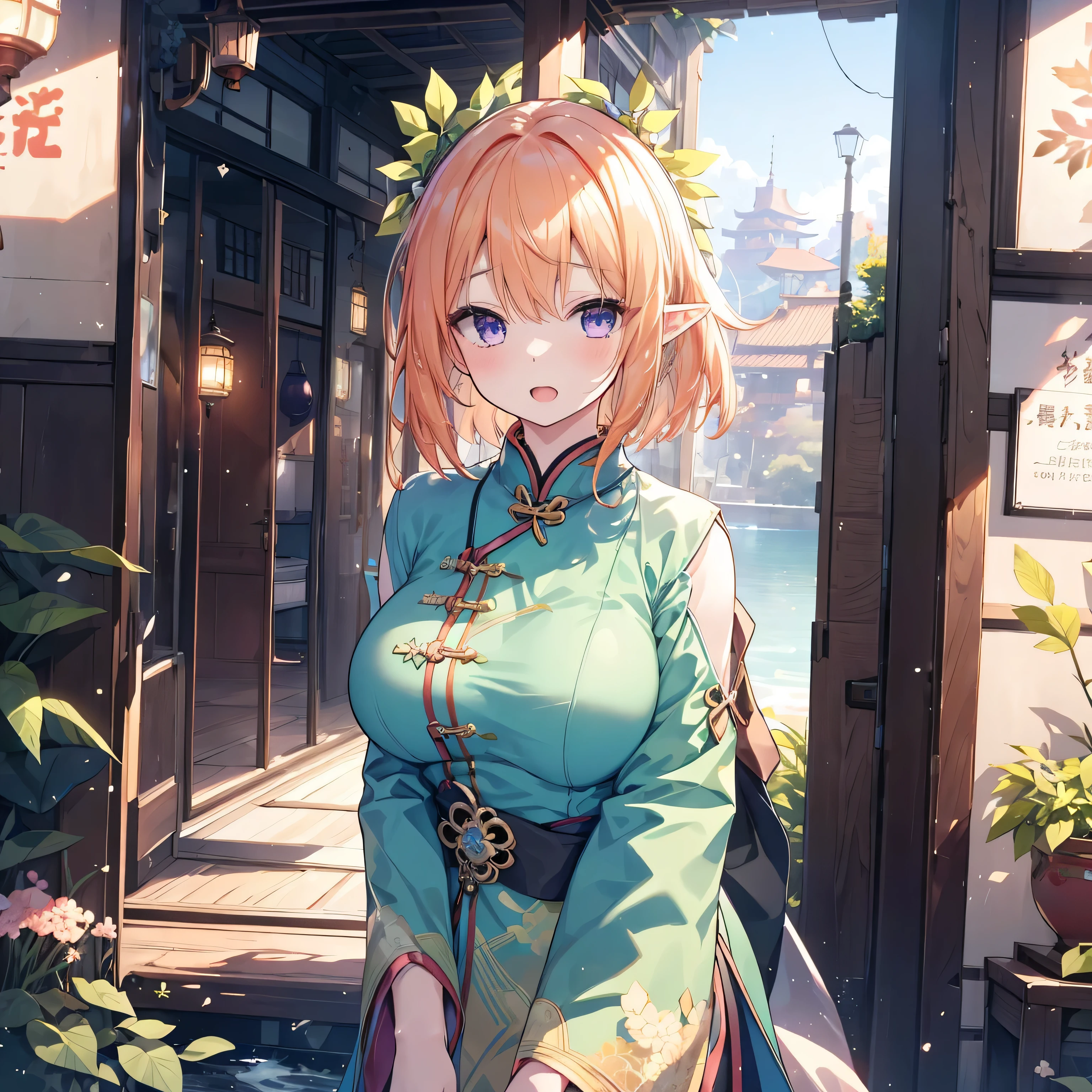 {{{{{Pastel Green Cheongsam}}}}}, bun hair, hide your hands, {{{one girl}}}, beautiful detailed girl, game CG, shine, Spring flower, 7 head and body,1 curl on the outside, elf ears,short bob hair, pastel orange hair, purple eyes,stylish accessories solo, Breast augmentation, medium shoot, woman, Take-out, laughter, black knee high, {{{{{wearing a Pastel Green Cheongsam}}}}},open your mouth, daytime mountain stream, wonderful, fine and beautiful eyes, highest quality, super delicate,Masseter muscle part,highest quality,(official art、highest quality、Unity 8K 壁紙、32k、masterpiece、Super detailed、超A high resolution、realistic、Photoreal:1.2)、(cinematic lighting:1.2)、fire glow effect、The grainiest shadow of the film、side light、side shot、(Super detailedで複雑な3Dレンダリング)、Atelier series,genshin impact,want,face becomes smaller,