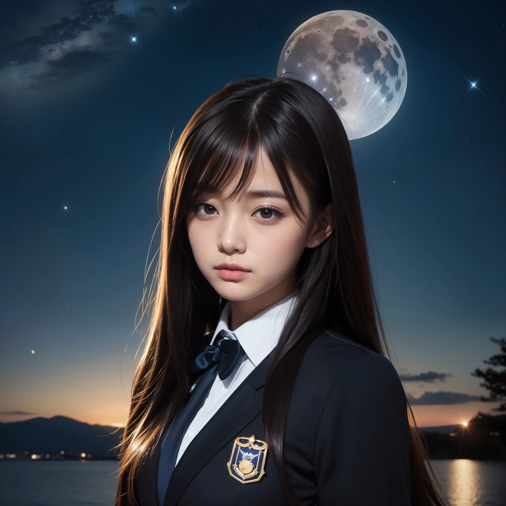 beautiful images、universe、fantasy、moon、shooting start or herd、teenage girl、black eye、hair length、starry sky、Japanese、high school girl、Uniform appearance